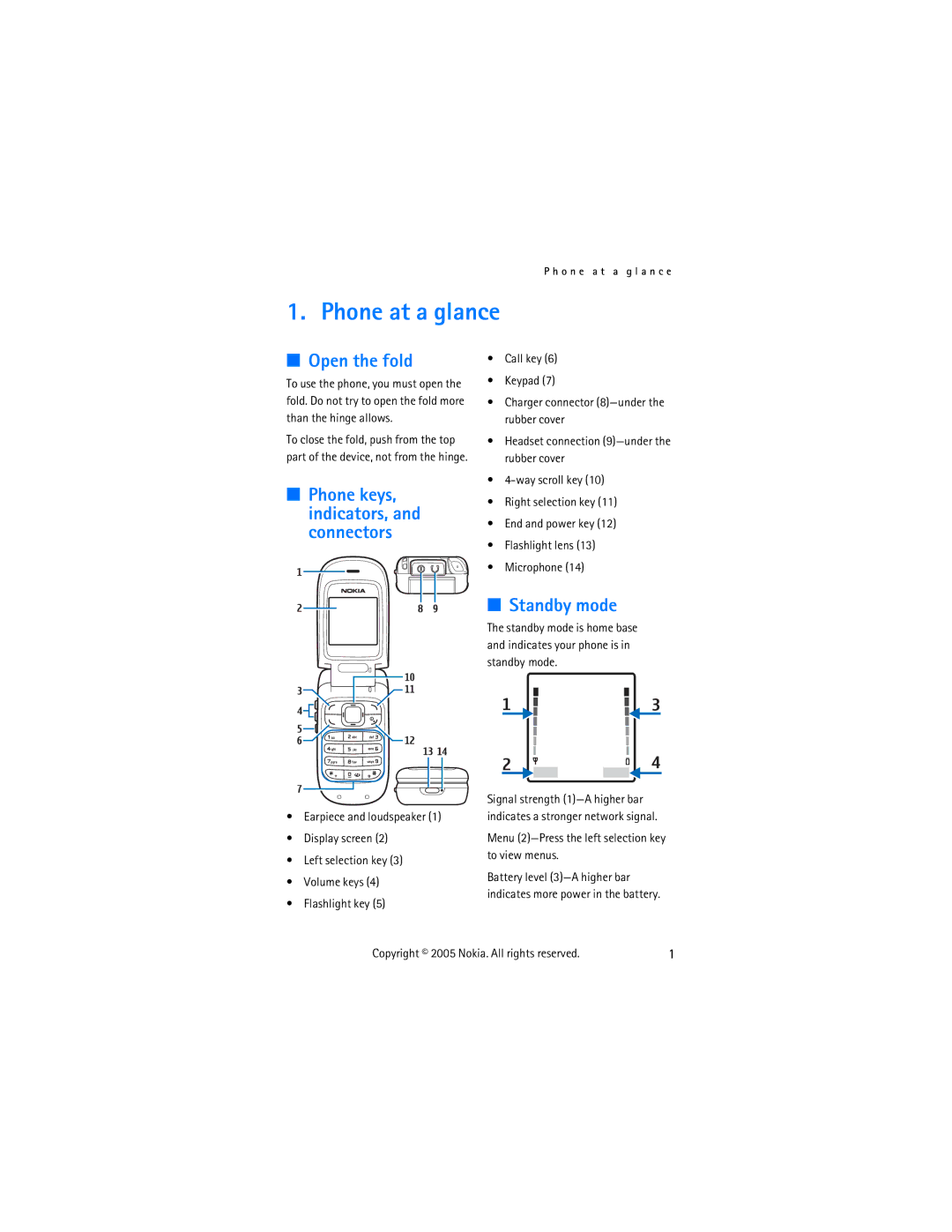 Nokia 2255 manual Phone at a glance, Open the fold, Standby mode, Phone keys, indicators, and connectors 