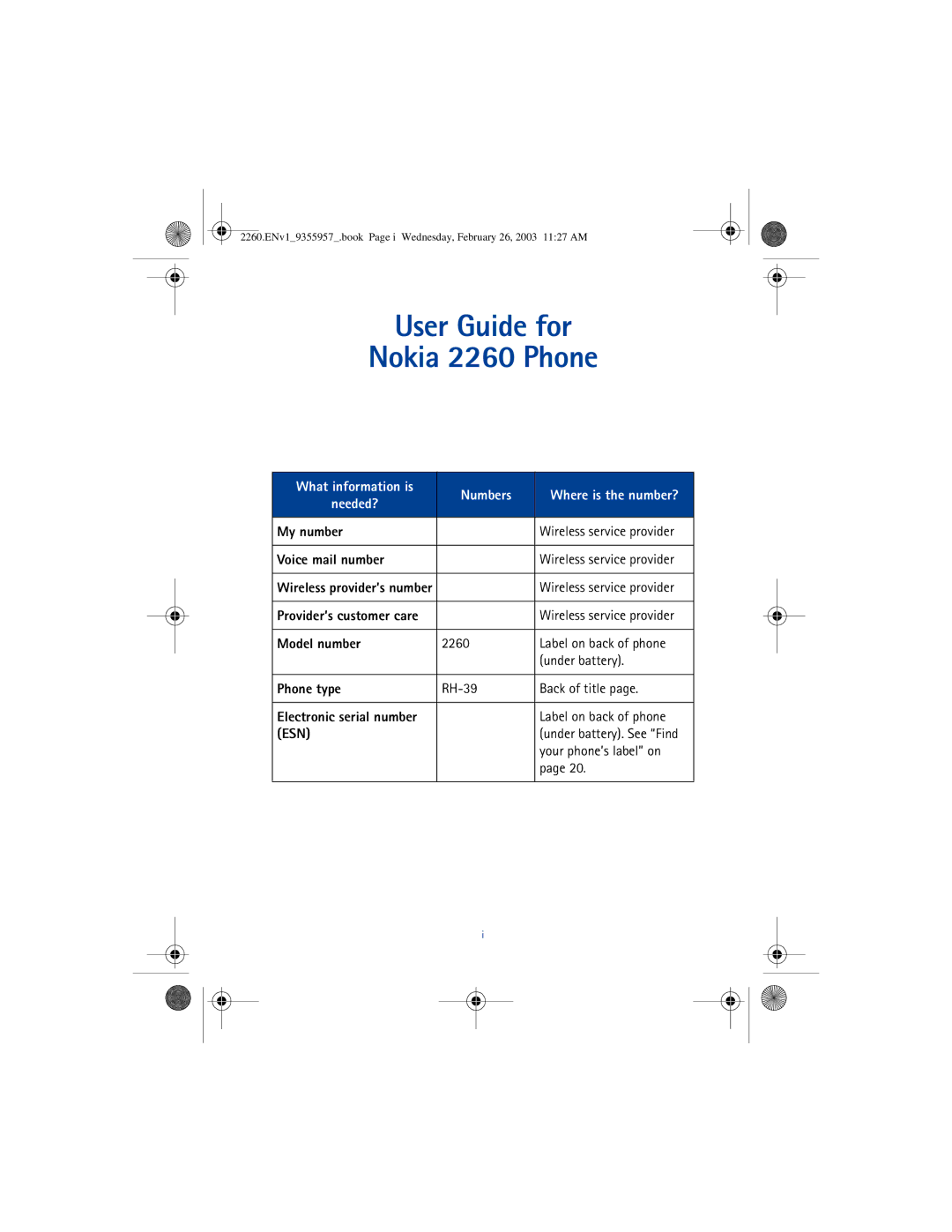 Nokia 2260 manual Esn, Wireless service provider, Electronic serial number, Under battery. See Find 