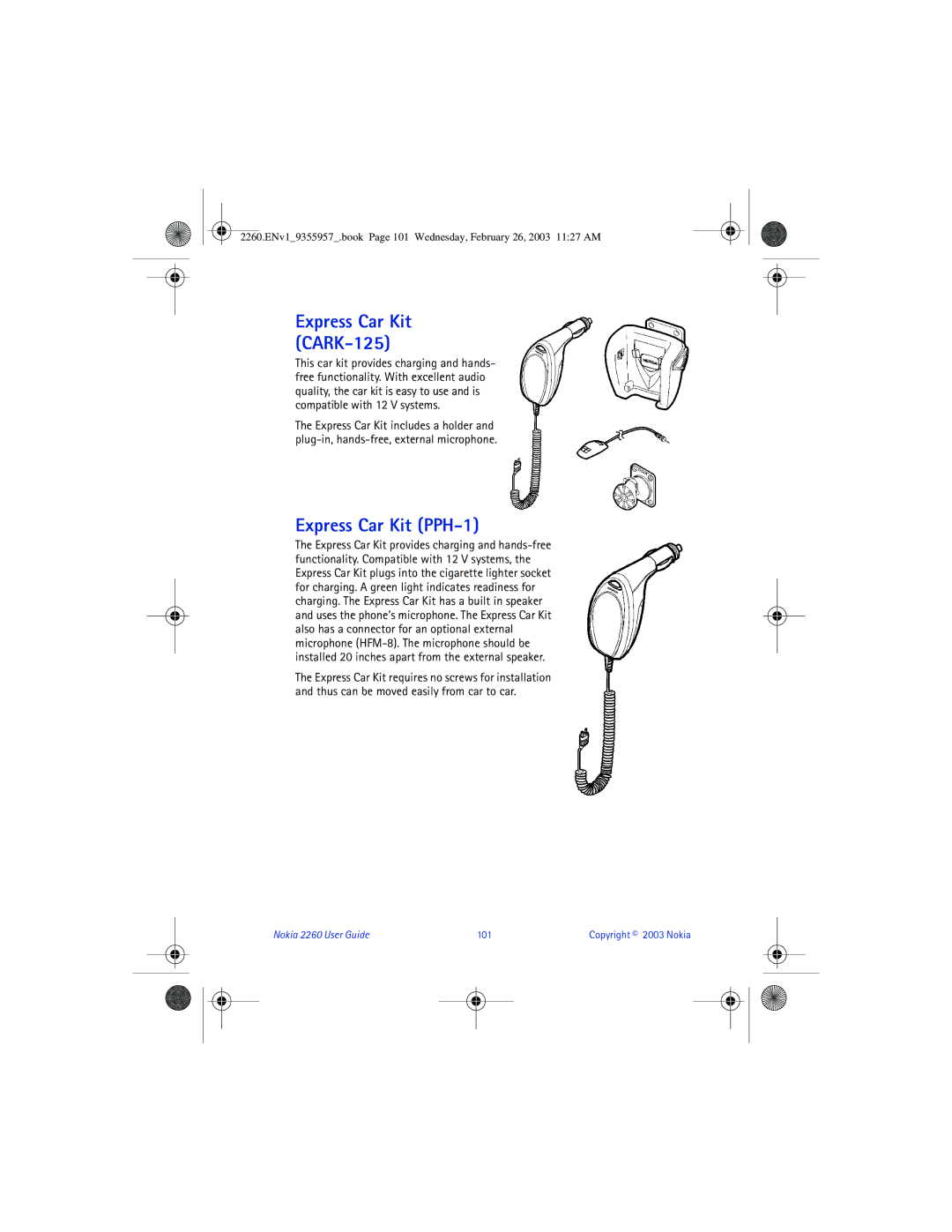 Nokia 2260 manual Express Car Kit PPH-1, Express Car Kit CARK-125 