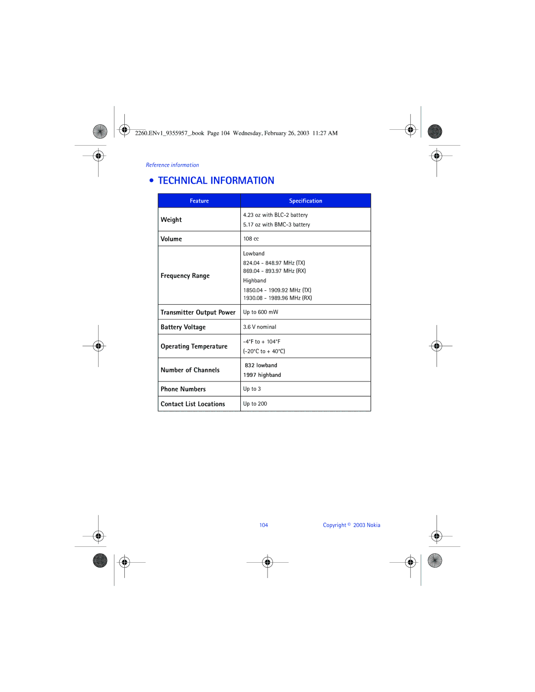 Nokia 2260 manual Technical Information 