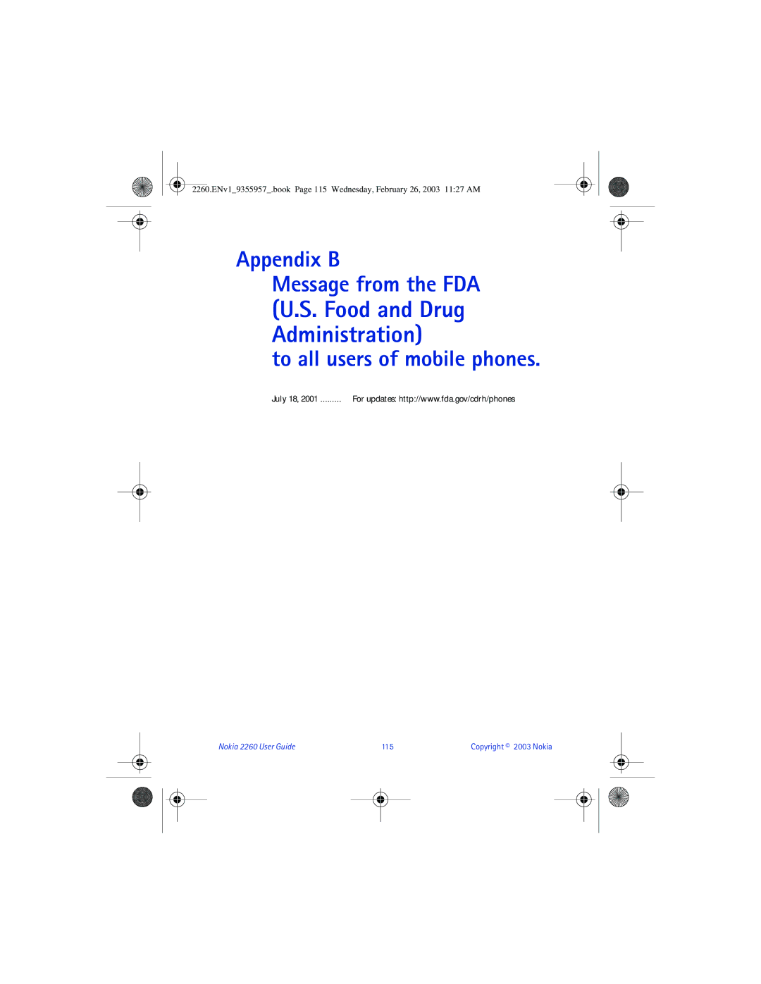 Nokia 2260 manual Food and Drug Administration, Appendix B Message from the FDA 