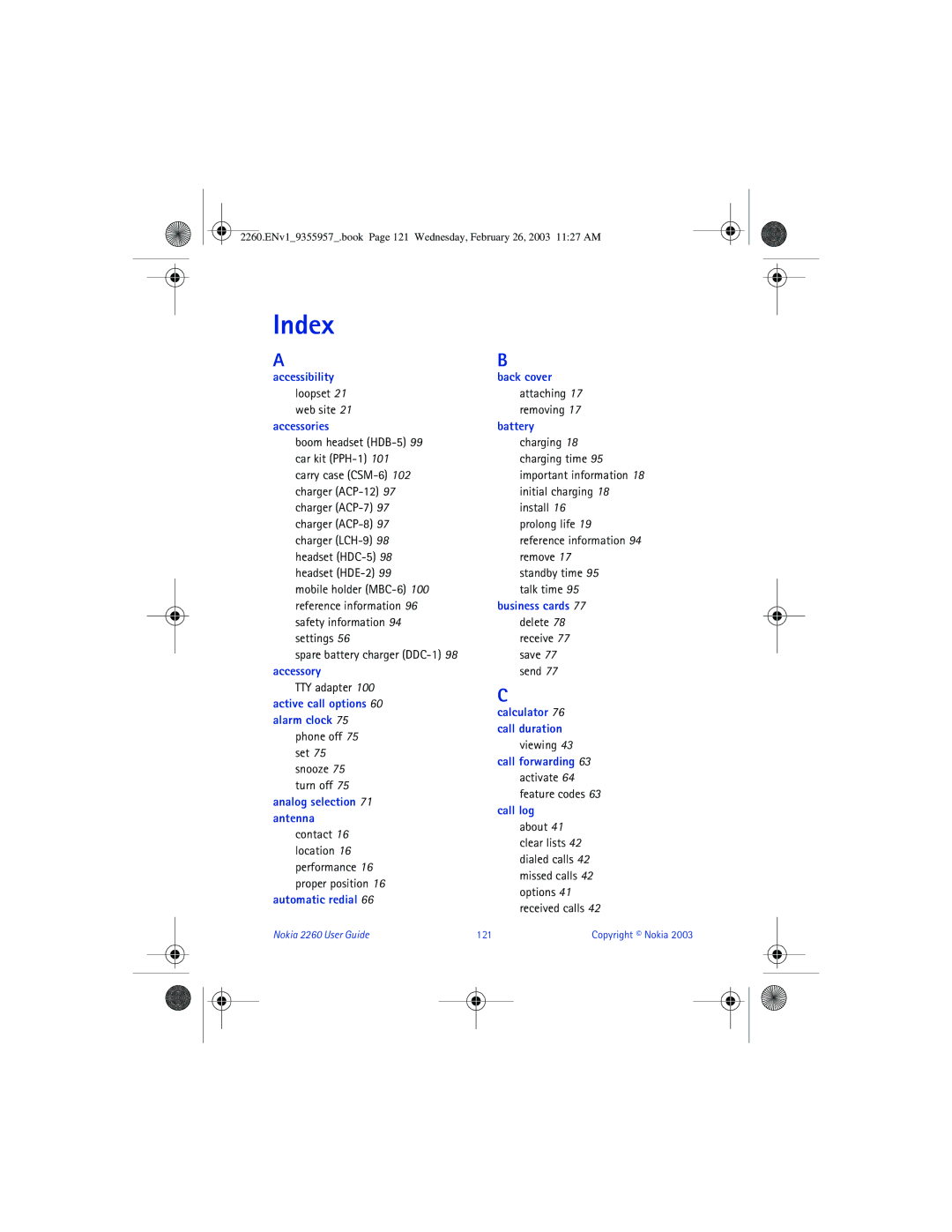 Nokia 2260 manual Index 