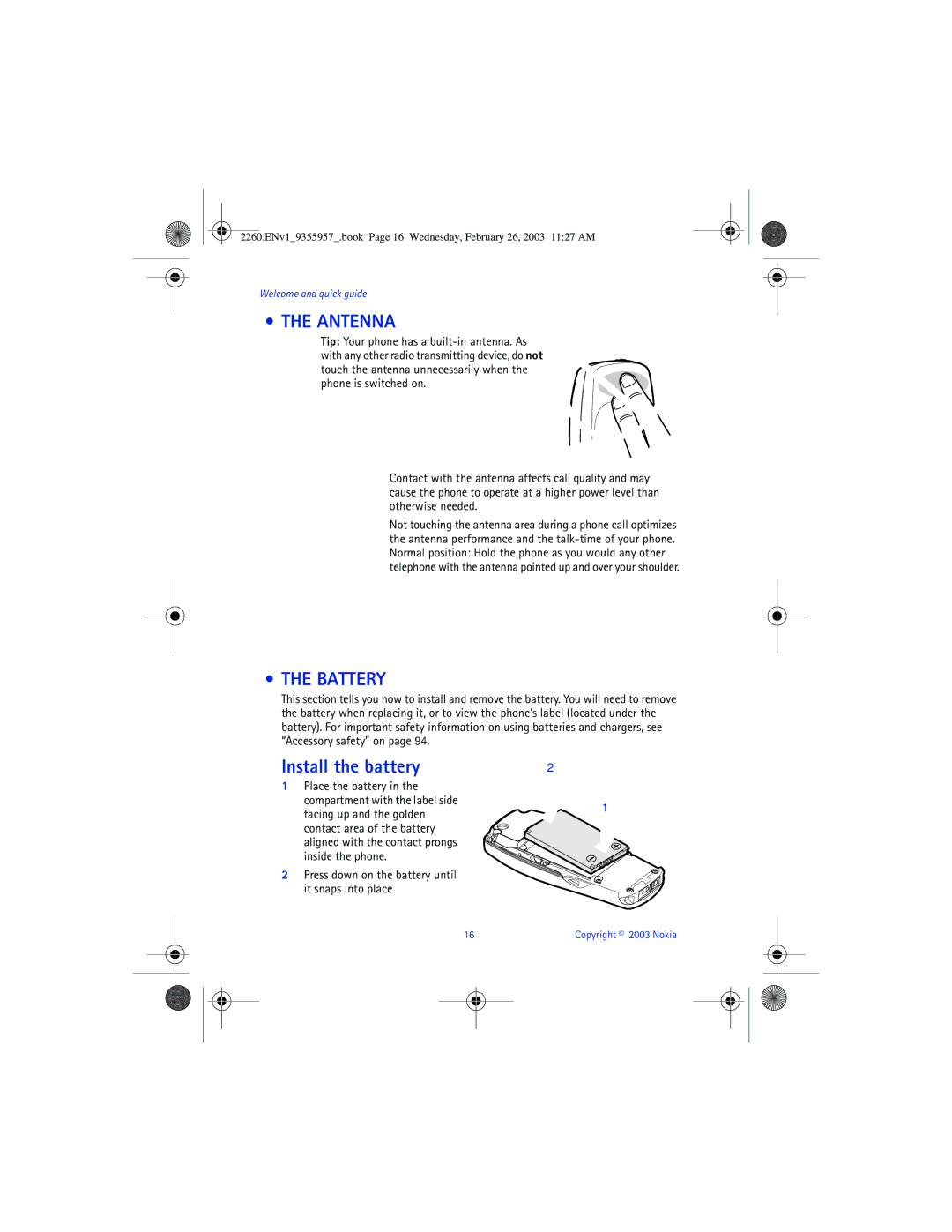 Nokia 2260 manual Antenna, Battery, Install the battery 