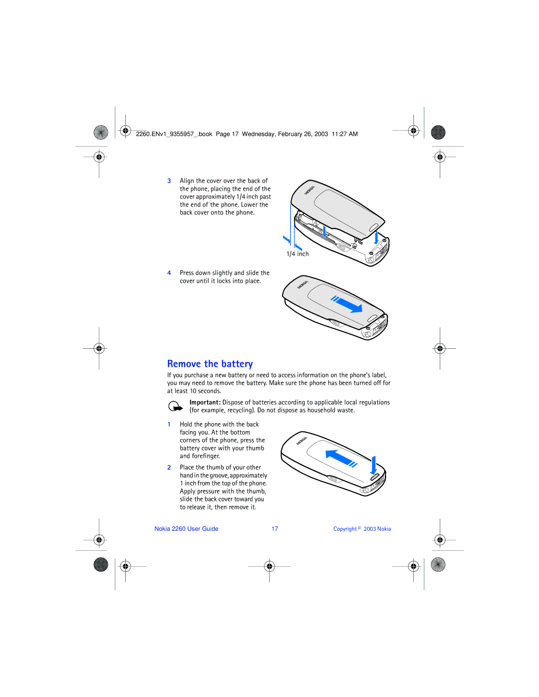 Nokia 2260 manual Remove the battery, Align the cover over the back, Hold the phone with the back 