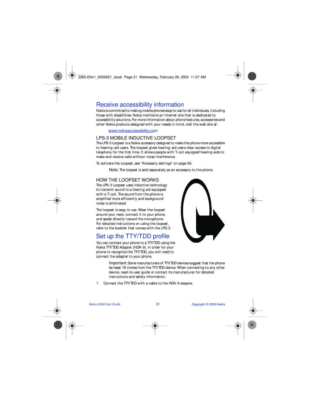 Nokia 2260 manual Receive accessibility information, Set up the TTY/TDD profile, LPS-3 Mobile Inductive Loopset 