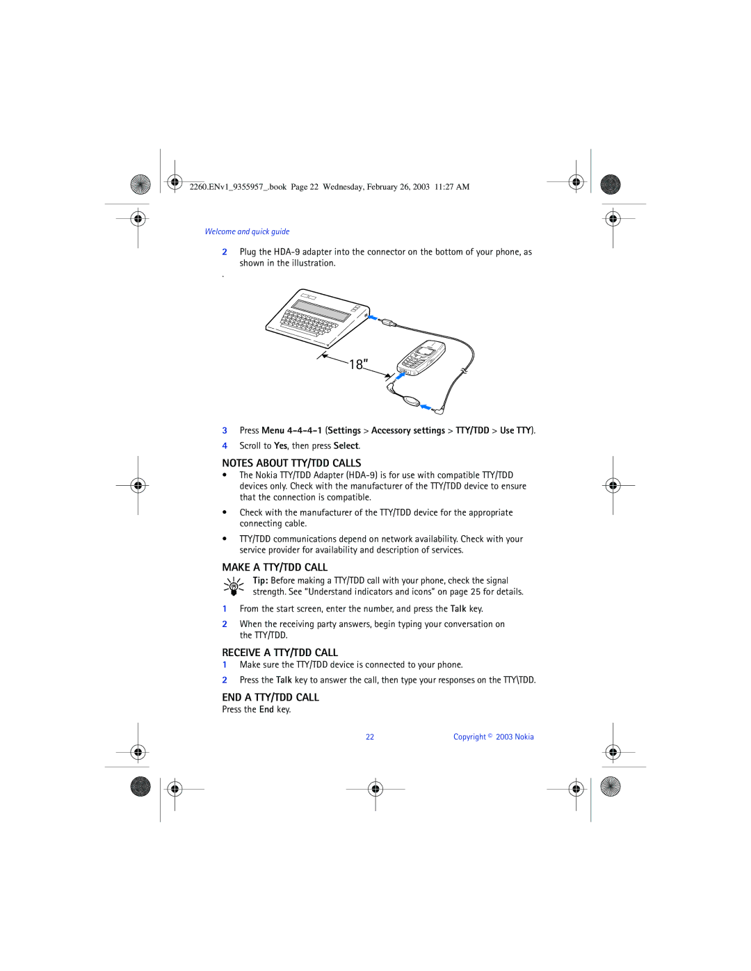 Nokia 2260 manual Make a TTY/TDD Call, Receive a TTY/TDD Call, END a TTY/TDD Call 