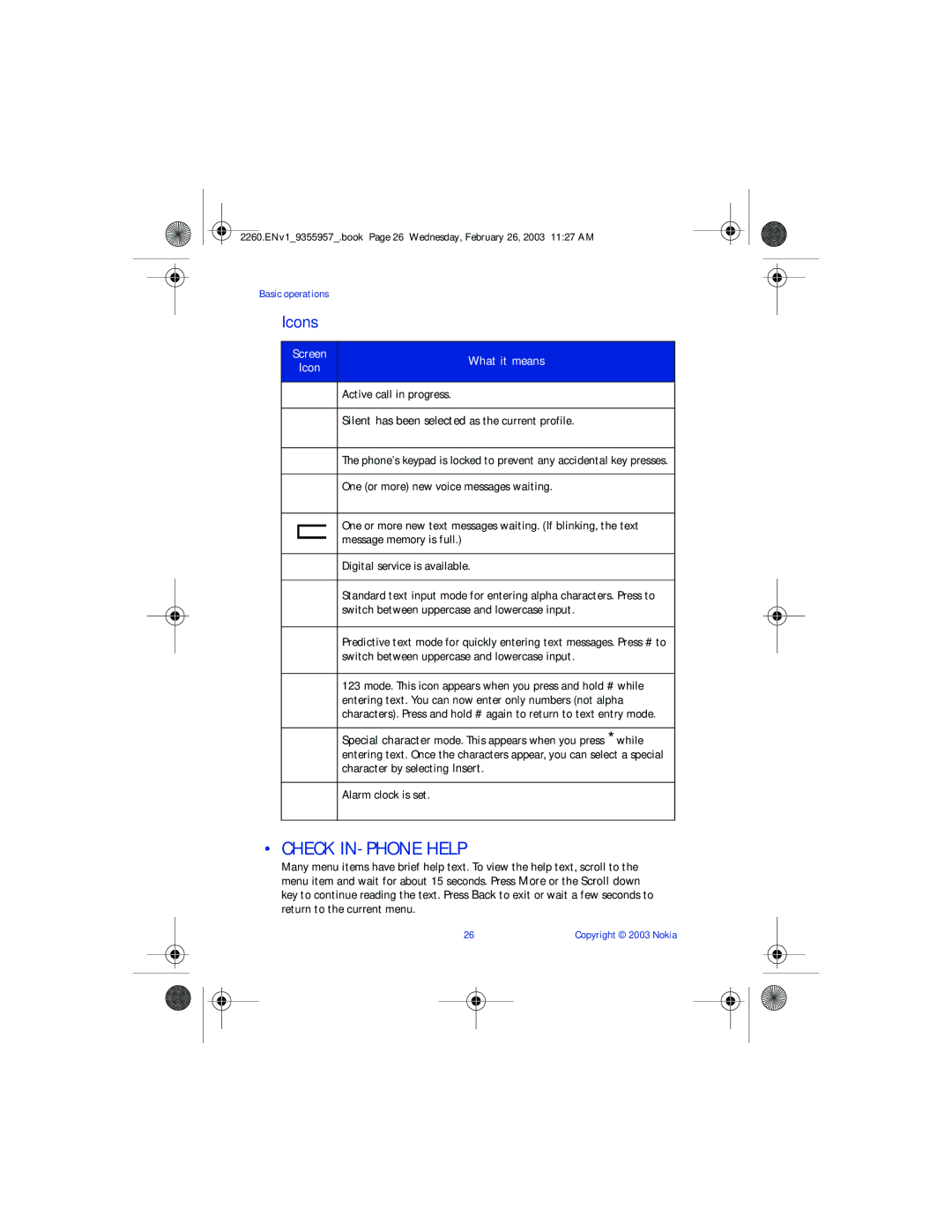 Nokia 2260 manual Check IN-PHONE Help, Active call in progress, Silent has been selected as the current profile 