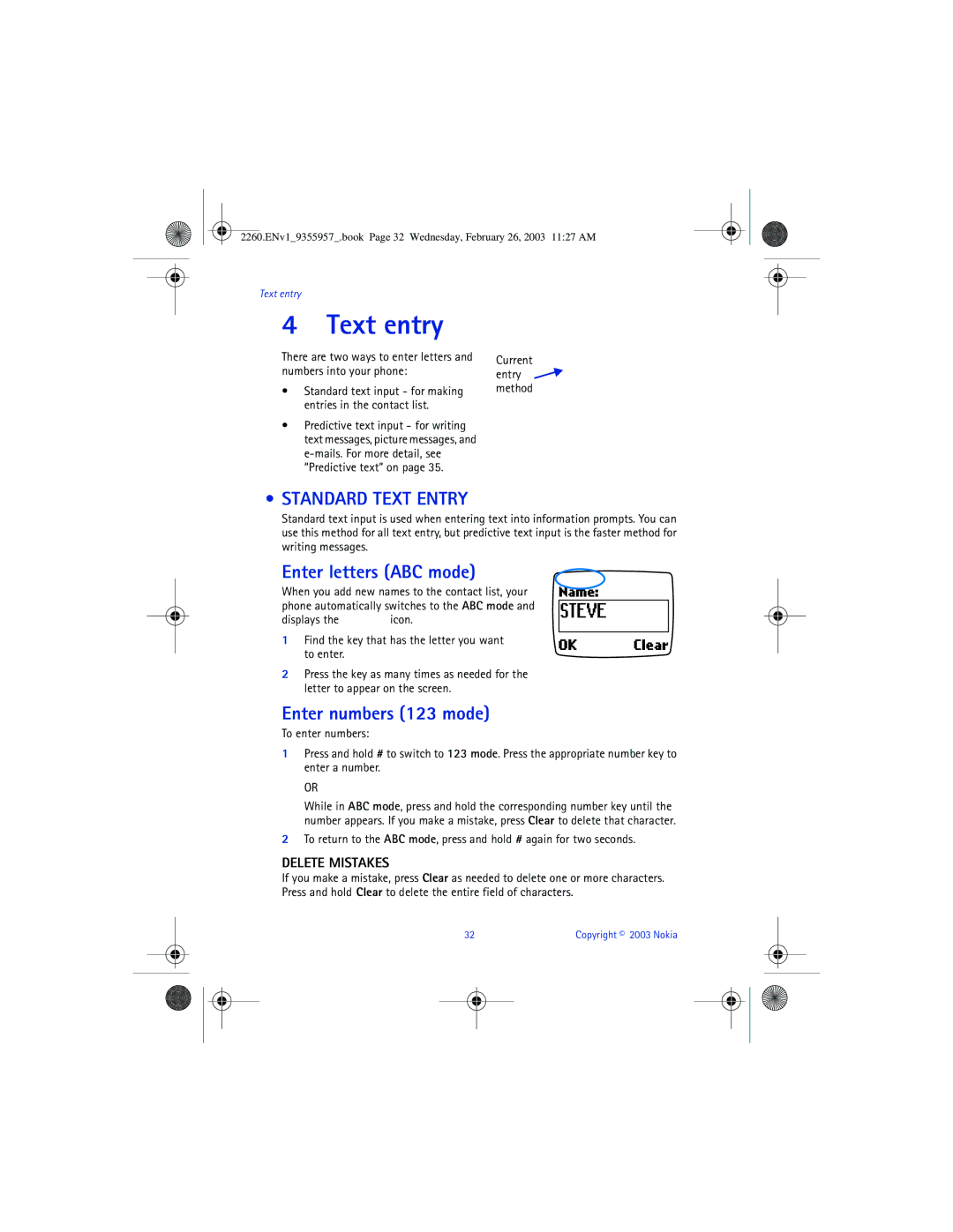 Nokia 2260 manual Text entry, Enter letters ABC mode, Enter numbers 123 mode, Delete Mistakes 