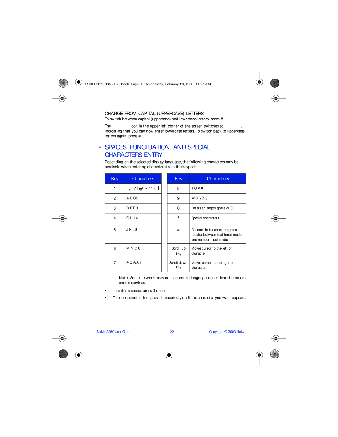 Nokia 2260 manual SPACES, PUNCTUATION, and Special Characters Entry, Change from Capital Uppercase Letters 