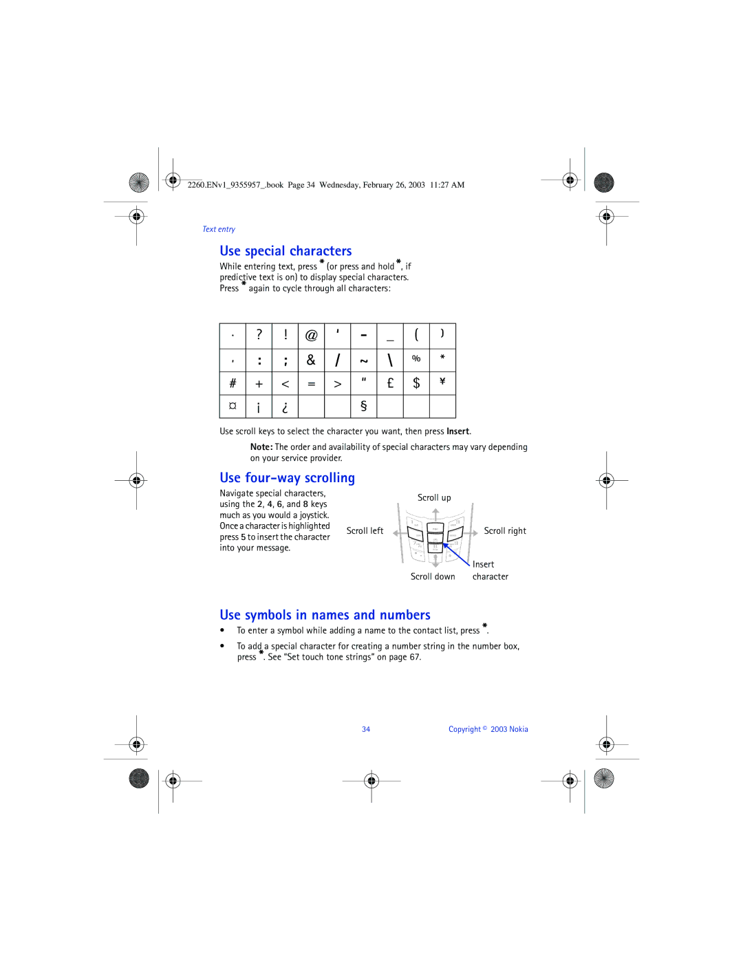 Nokia 2260 manual Use special characters, Use four-way scrolling, Use symbols in names and numbers 