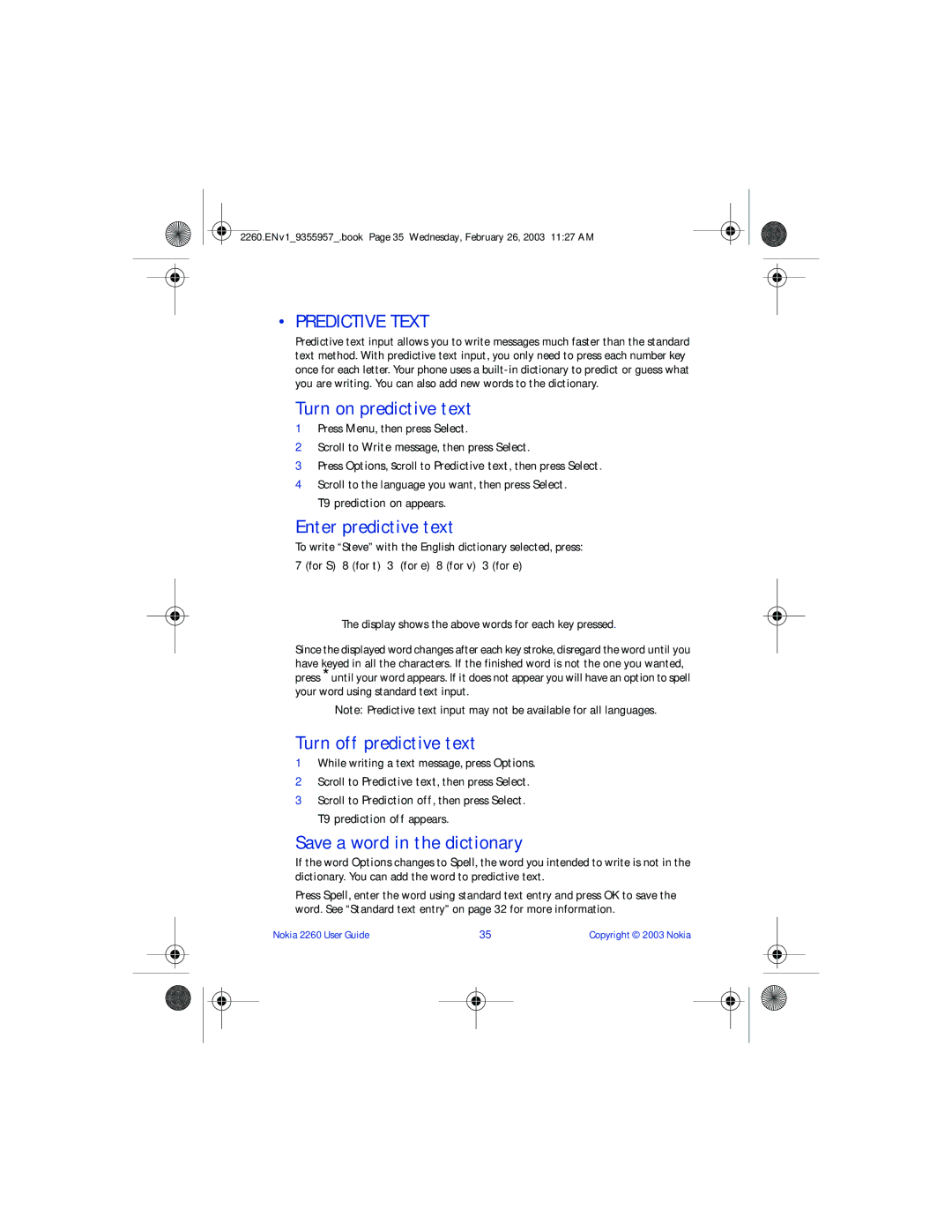 Nokia 2260 manual Predictive Text, Turn on predictive text, Enter predictive text, Turn off predictive text 
