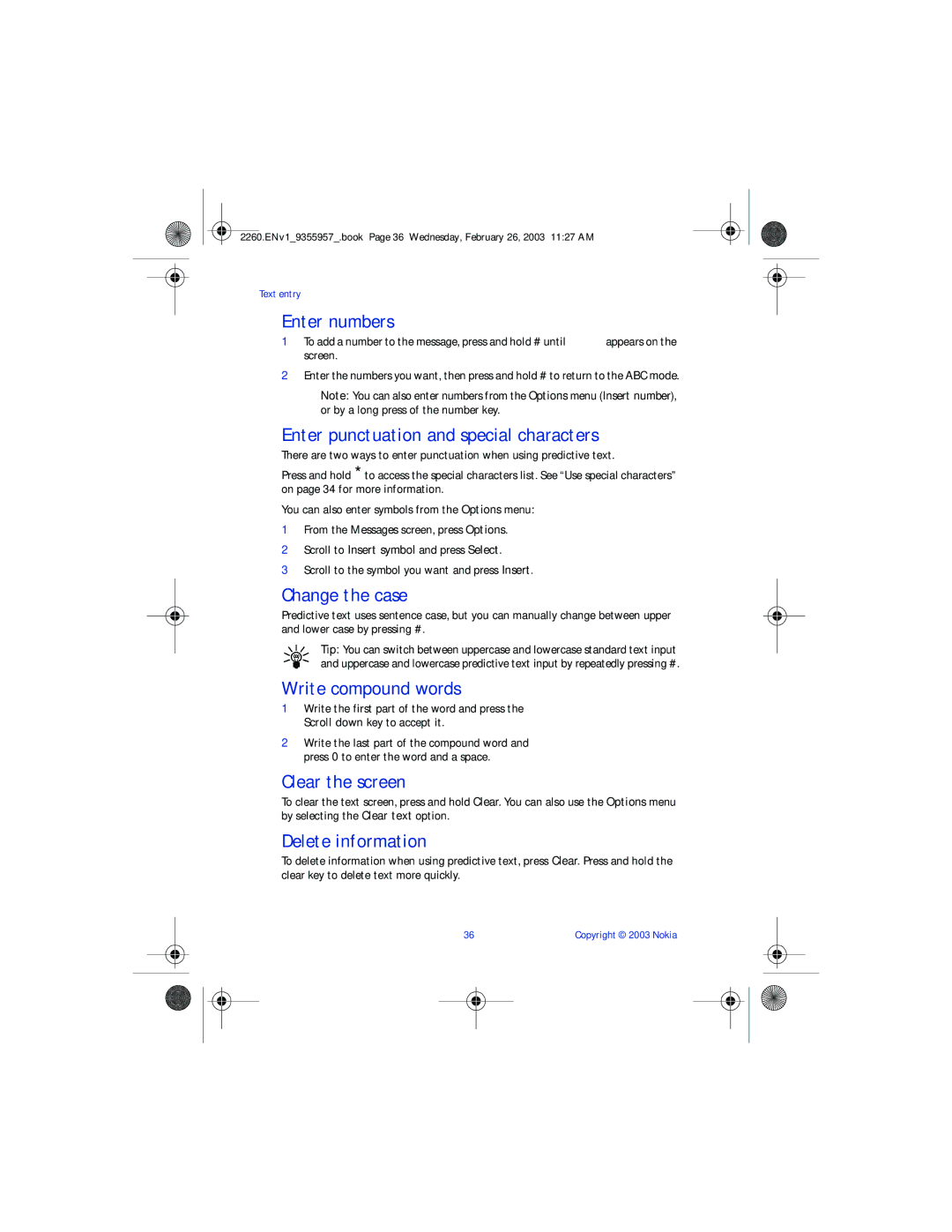 Nokia 2260 manual Enter numbers, Enter punctuation and special characters, Change the case, Write compound words 