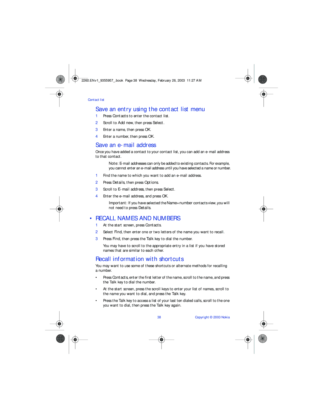 Nokia 2260 manual Save an entry using the contact list menu, Save an e-mail address, Recall Names and Numbers 