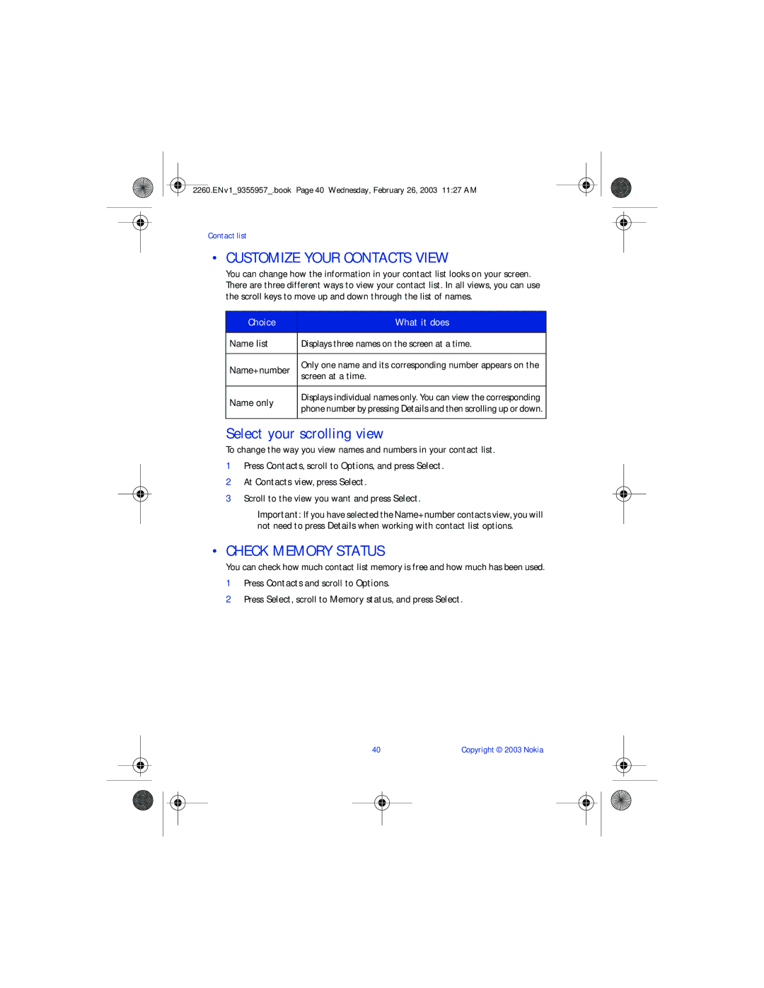 Nokia 2260 manual Customize Your Contacts View, Select your scrolling view, Check Memory Status 