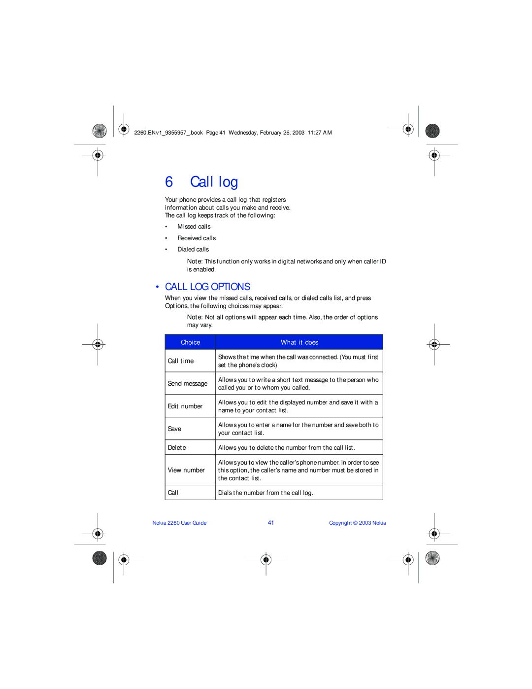 Nokia 2260 manual Call log, Call LOG Options 