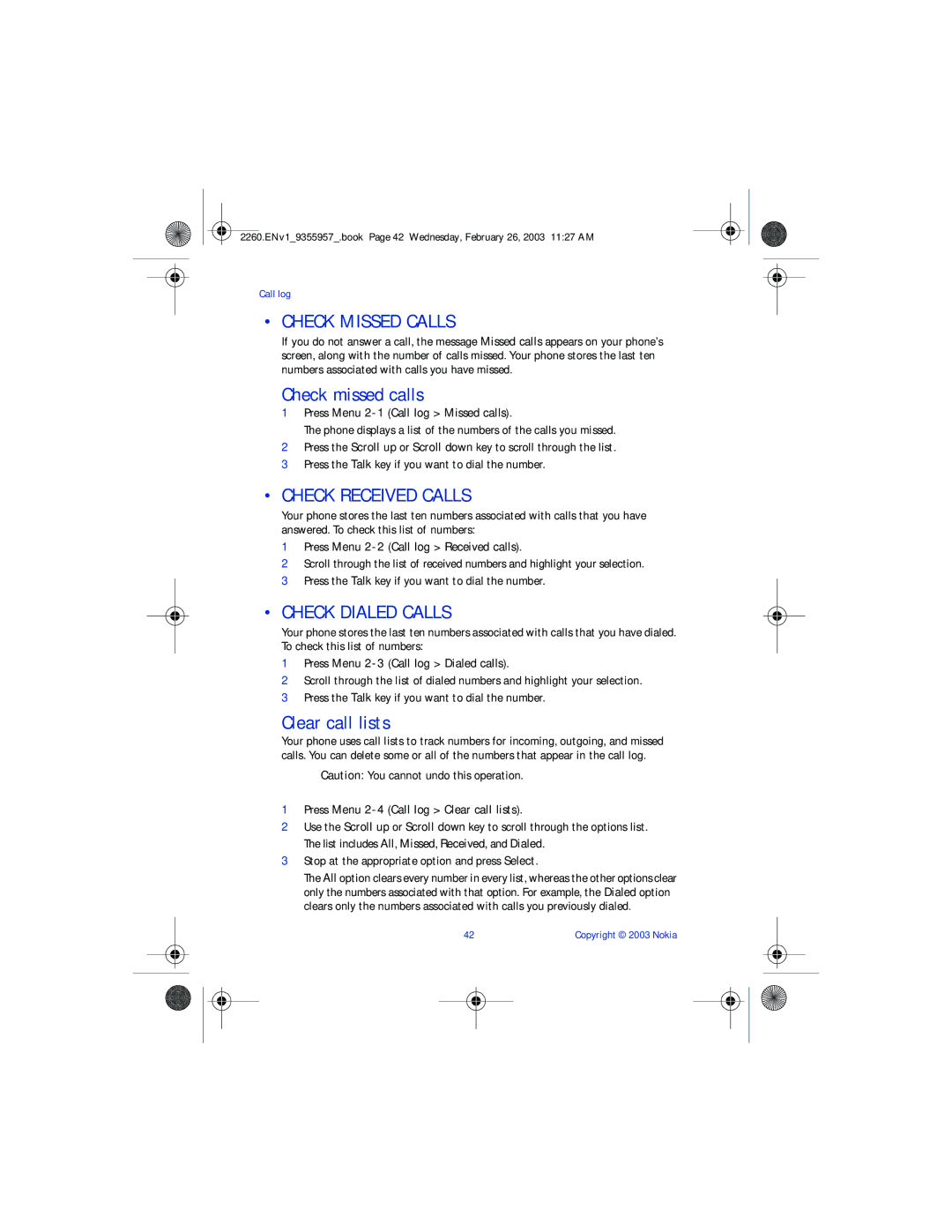 Nokia 2260 manual Check Missed Calls, Check missed calls, Check Received Calls, Check Dialed Calls, Clear call lists 