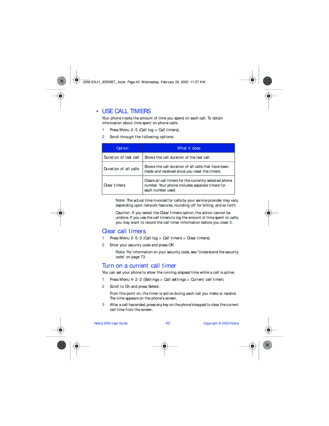 Nokia 2260 manual USE Call Timers, Clear call timers, Turn on a current call timer 