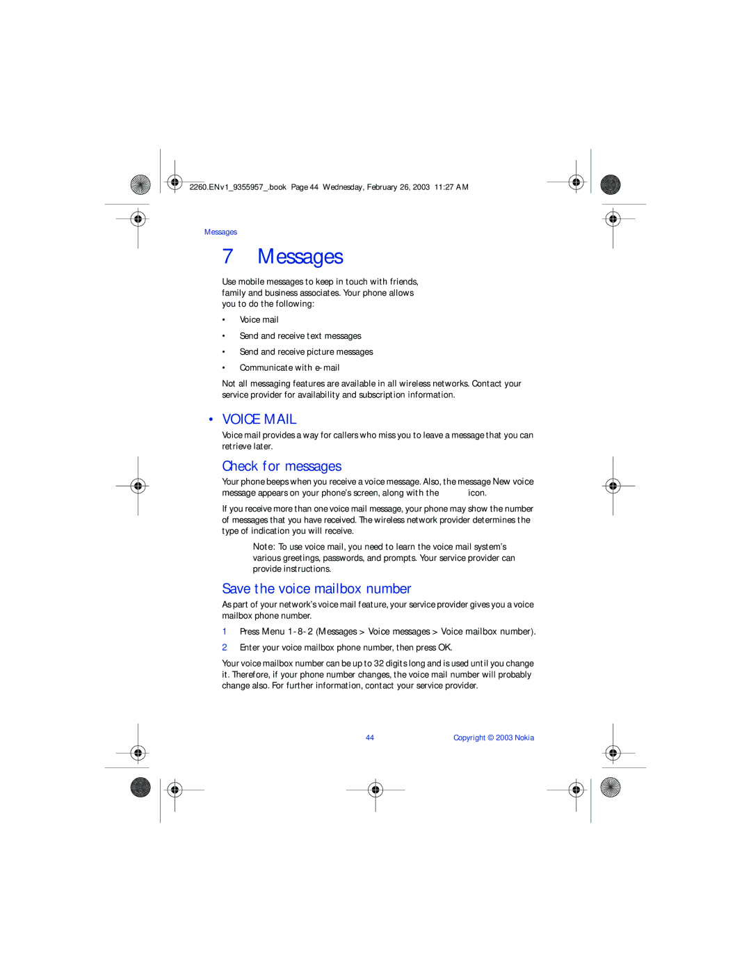 Nokia 2260 manual Messages, Voice Mail, Check for messages, Save the voice mailbox number 