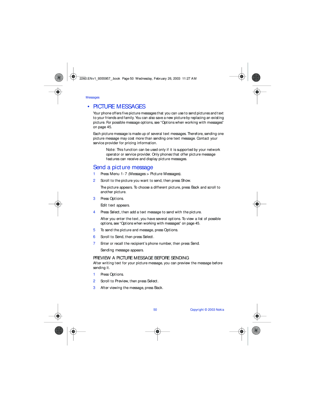 Nokia 2260 manual Picture Messages, Send a picture message, Preview a Picture Message Before Sending 