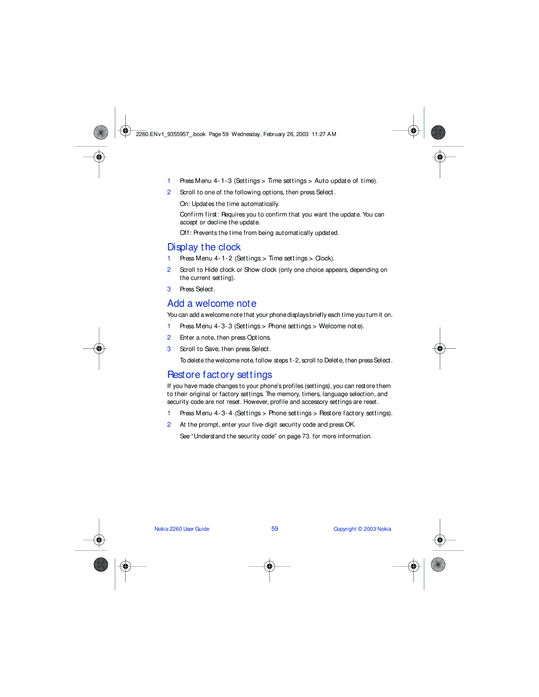 Nokia 2260 manual Display the clock, Add a welcome note, Restore factory settings 