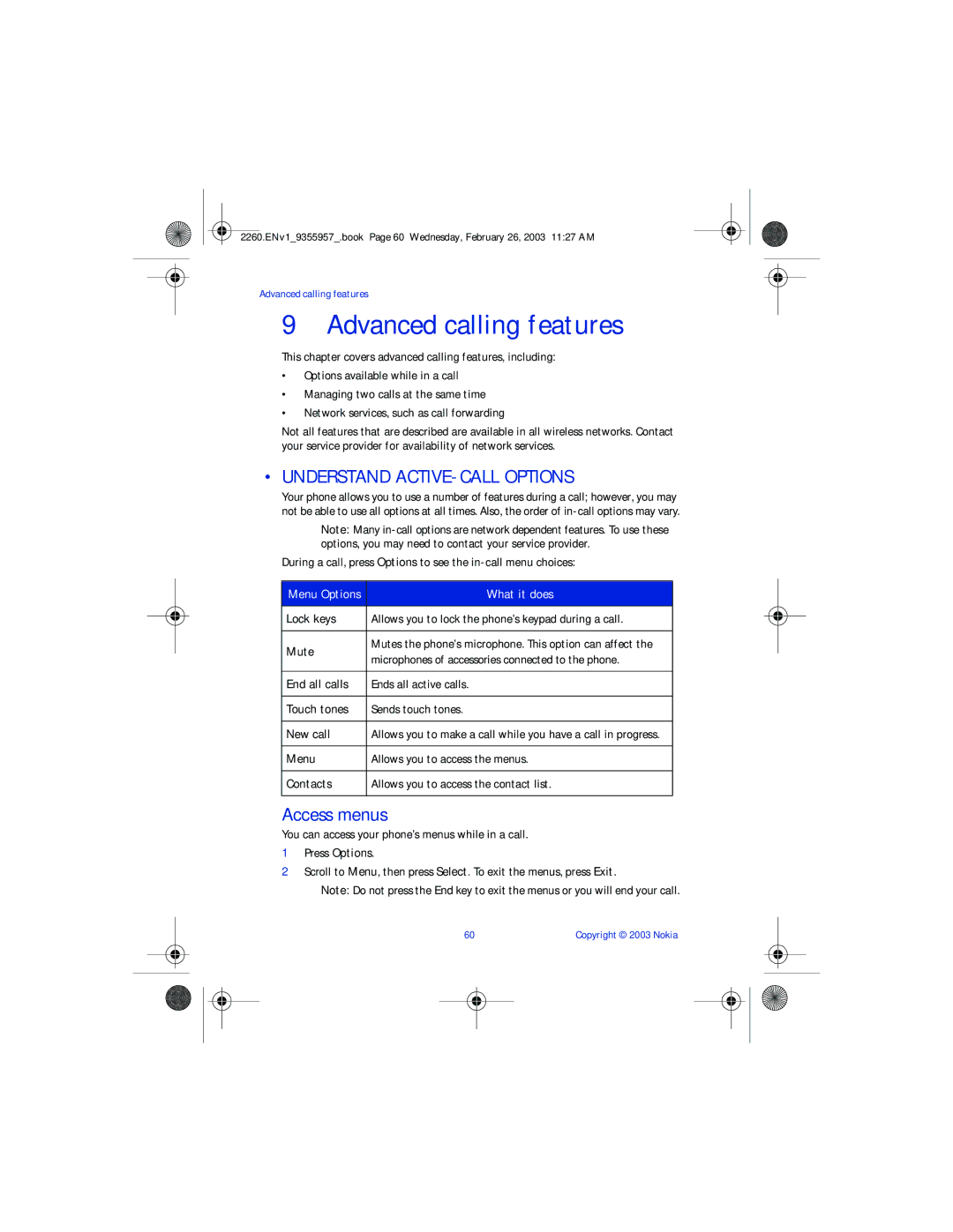 Nokia 2260 manual Advanced calling features, Understand ACTIVE-CALL Options, Access menus 