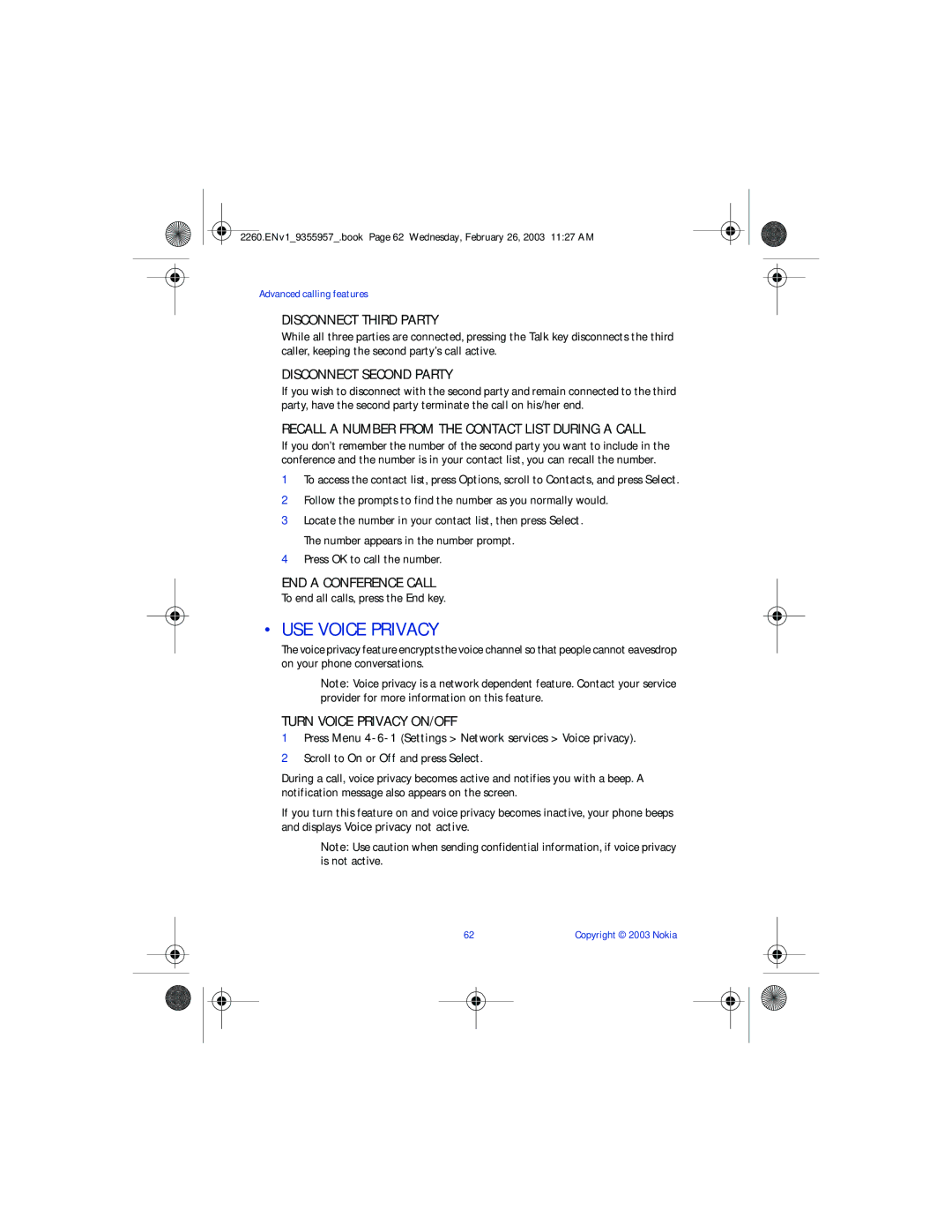 Nokia 2260 manual USE Voice Privacy 