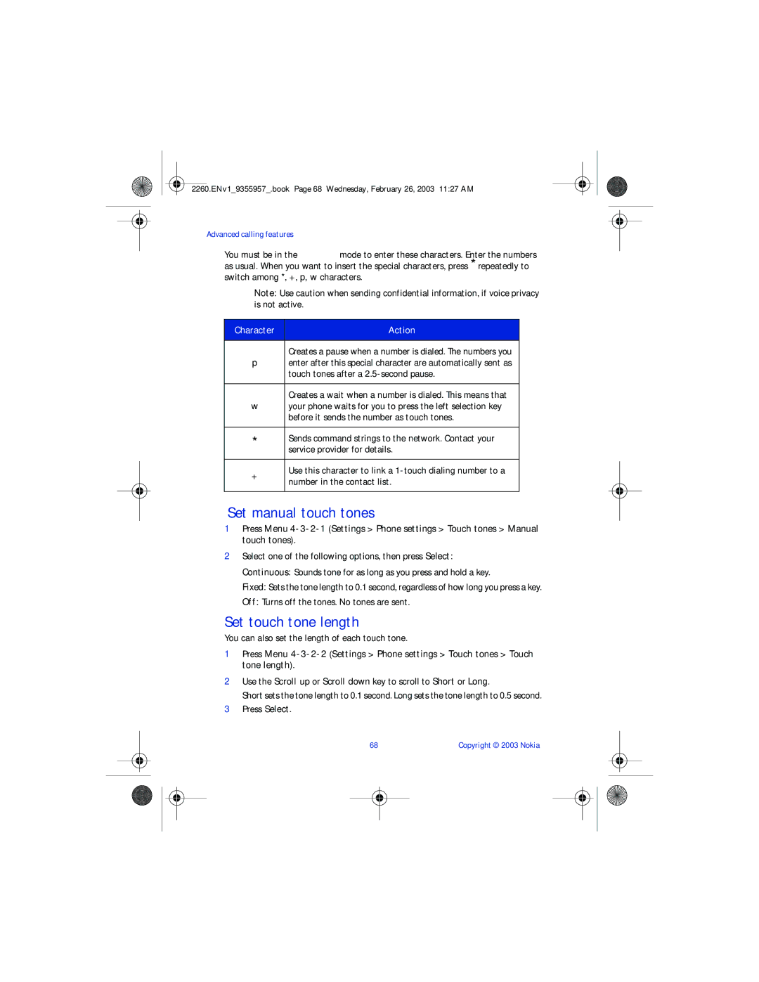 Nokia 2260 Set manual touch tones, Set touch tone length 