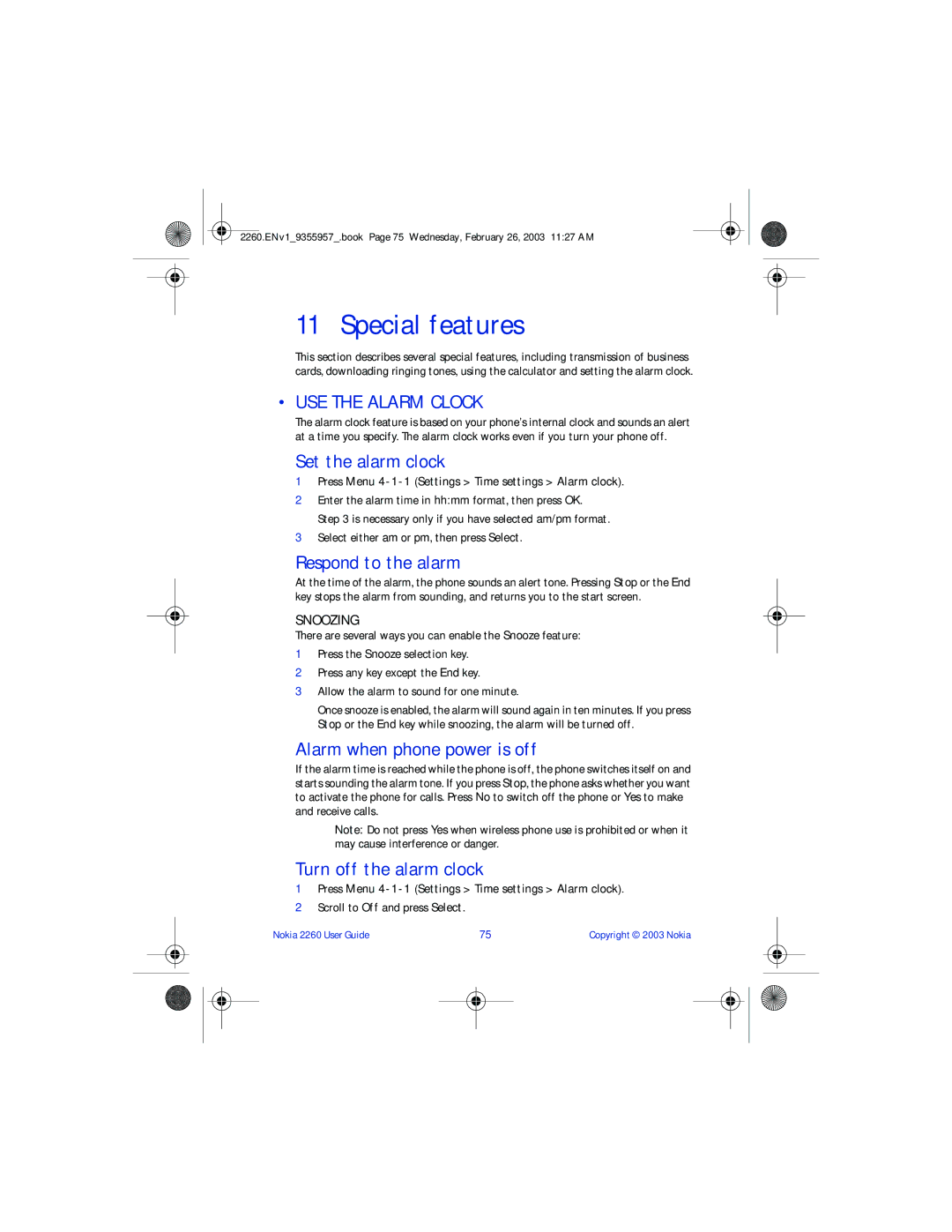Nokia 2260 manual Special features, USE the Alarm Clock 