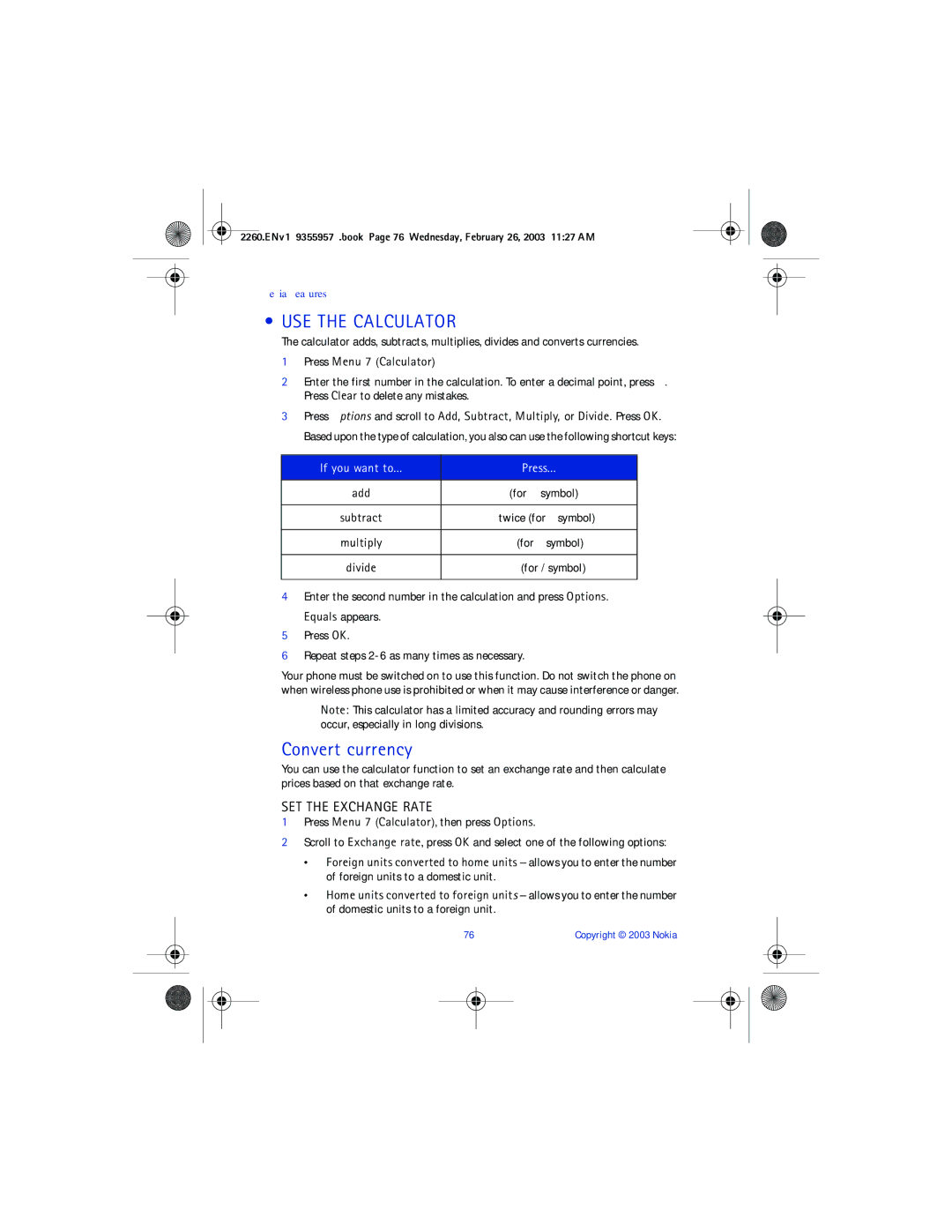 Nokia 2260 manual USE the Calculator, Convert currency, SET the Exchange Rate, Press Menu 7 Calculator 
