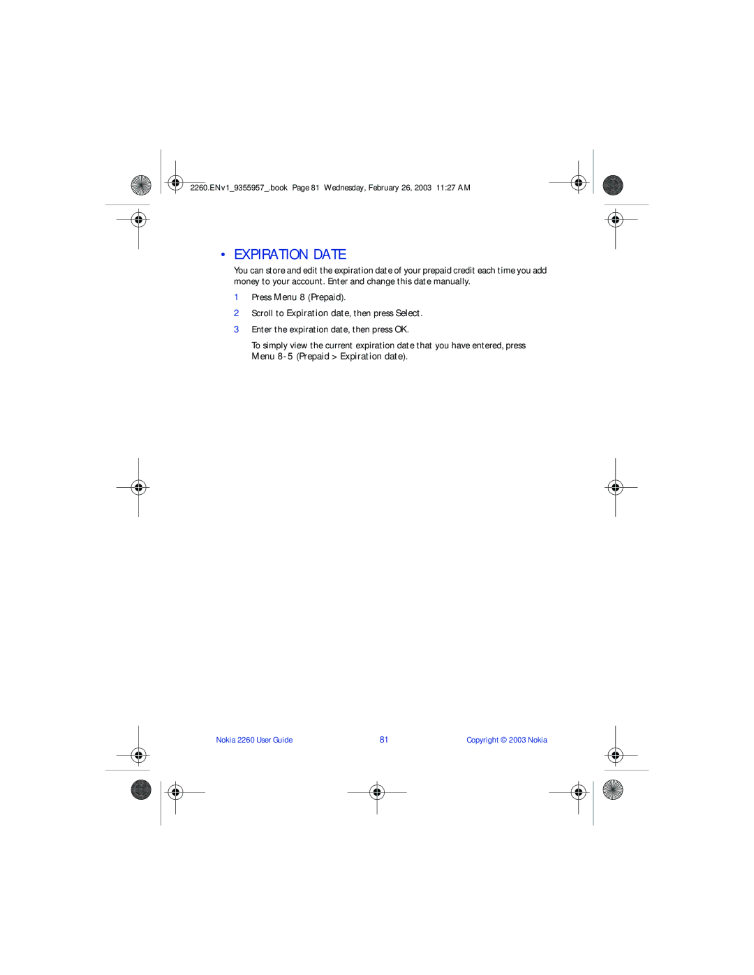 Nokia 2260 manual Expiration Date, Press Menu 8 Prepaid 