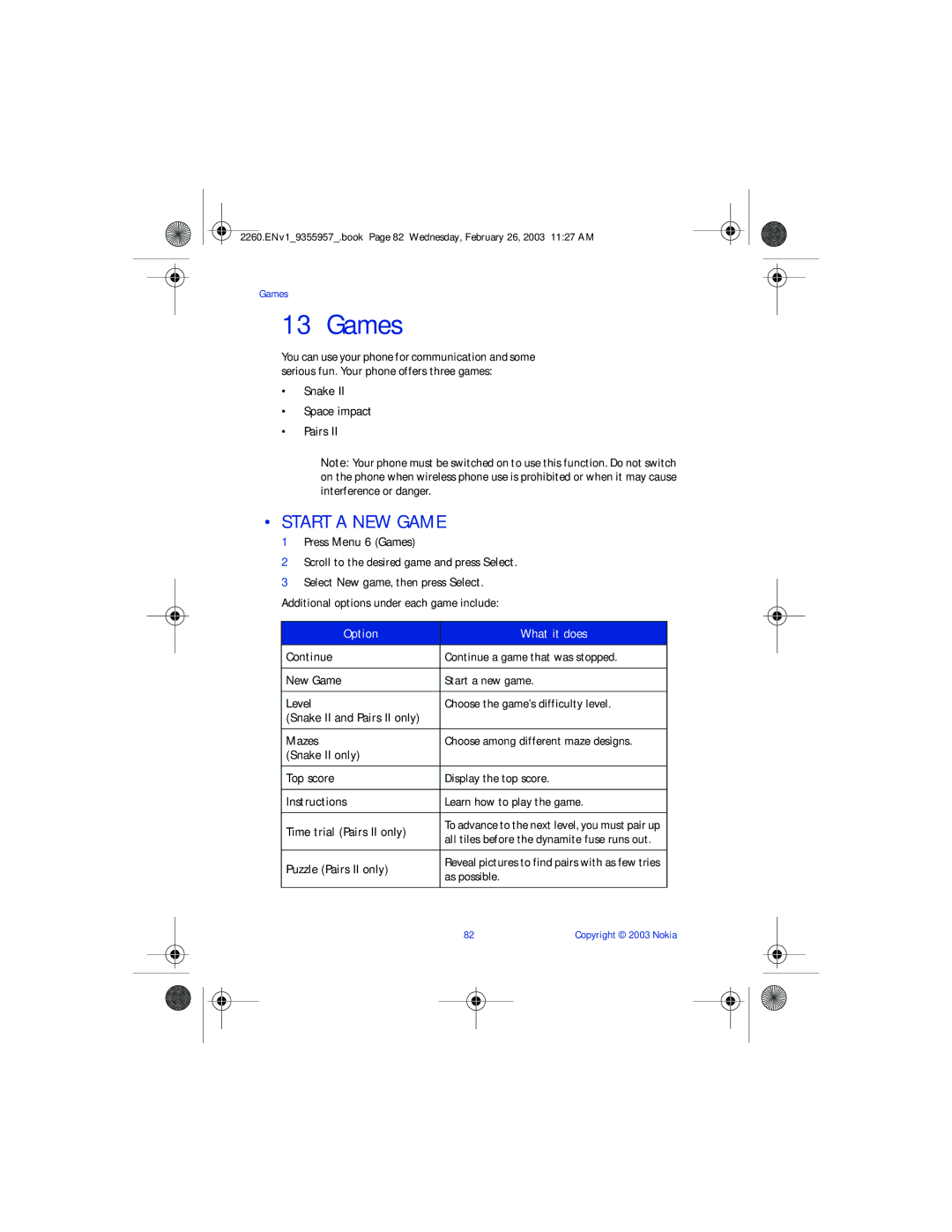 Nokia 2260 manual Games, Start a NEW Game 