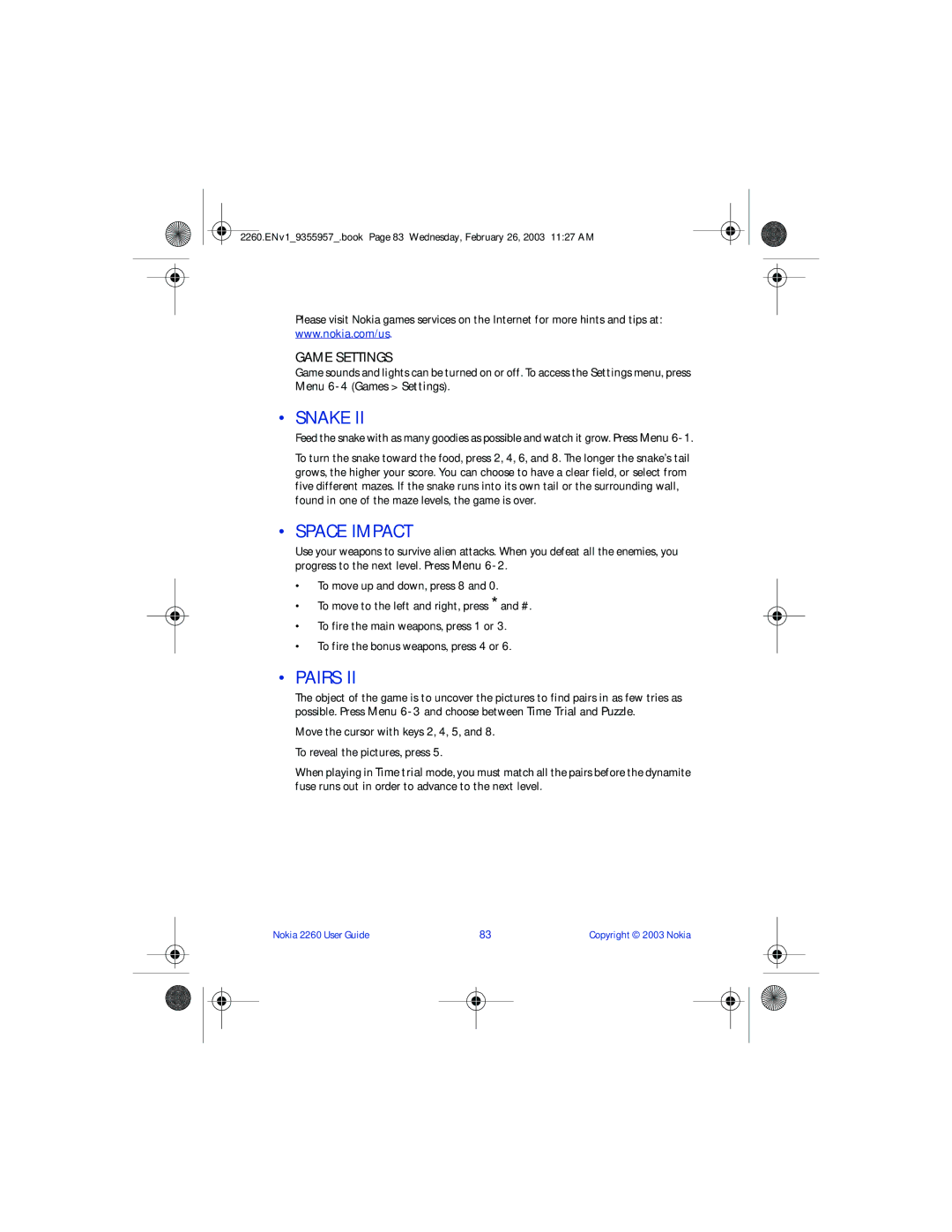 Nokia 2260 manual Snake, Space Impact, Pairs, Game Settings 