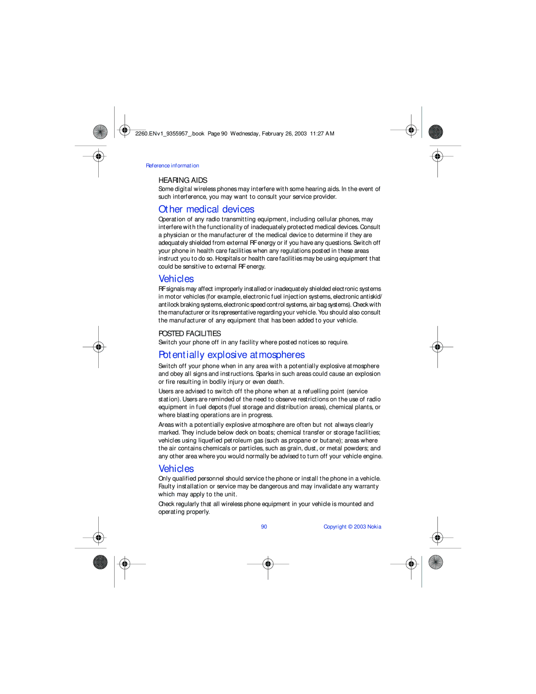 Nokia 2260 manual Other medical devices, Vehicles, Potentially explosive atmospheres, Hearing Aids, Posted Facilities 