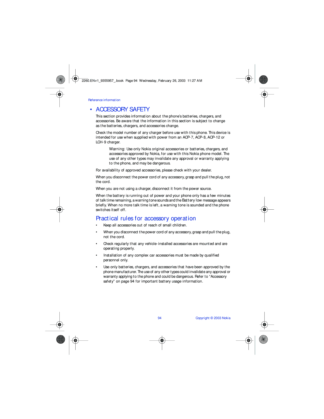 Nokia 2260 manual Accessory Safety, Practical rules for accessory operation 