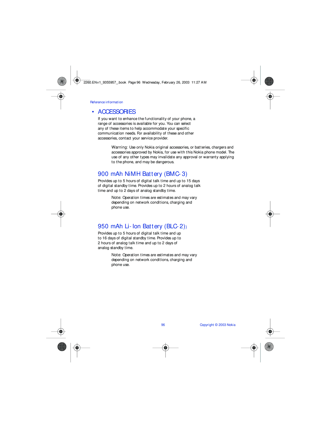 Nokia 2260 manual Accessories, MAh NiMH Battery BMC-3, MAh Li-Ion Battery BLC-2 