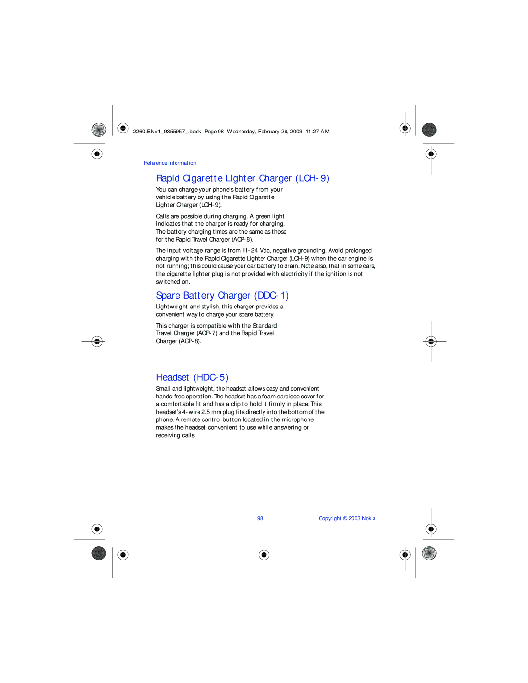 Nokia 2260 manual Rapid Cigarette Lighter Charger LCH-9, Spare Battery Charger DDC-1, Headset HDC-5 