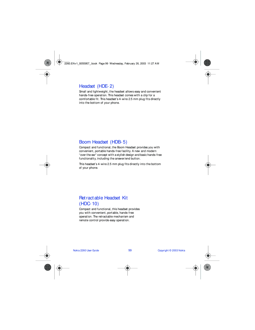 Nokia 2260 manual Headset HDE-2, Boom Headset HDB-5, Retractable Headset Kit HDC-10 