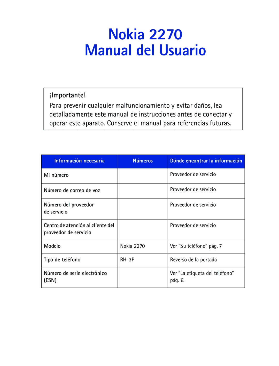 Nokia 2270 manual Información necesaria Números 