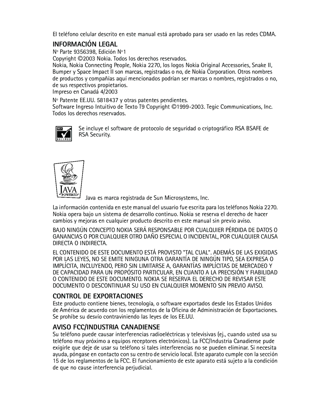 Nokia 2270 manual Información Legal, Control DE Exportaciones, Aviso FCC/INDUSTRIA Canadiense 