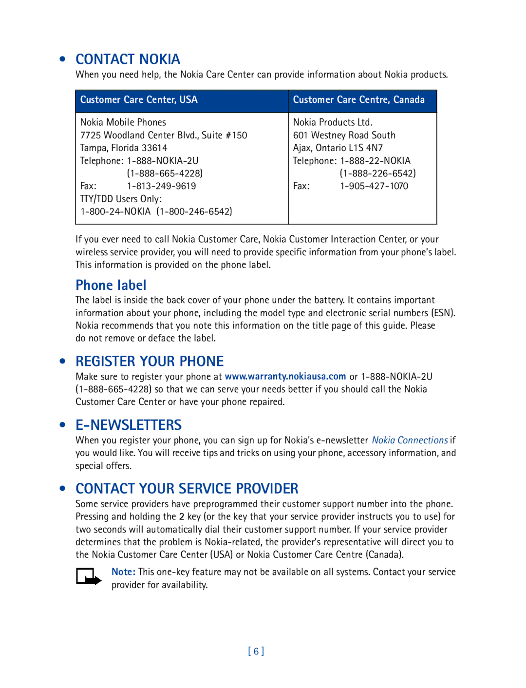 Nokia 2270 manual Contact Nokia, Phone label, Register Your Phone Newsletters, Contact Your Service Provider 