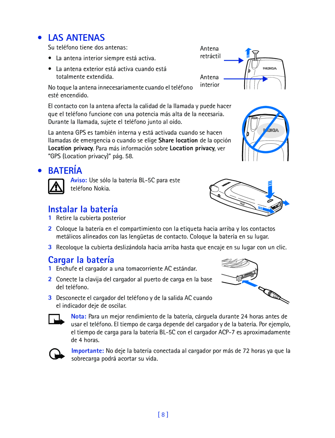 Nokia 2270 manual LAS Antenas, Batería, Instalar la batería, Cargar la batería 