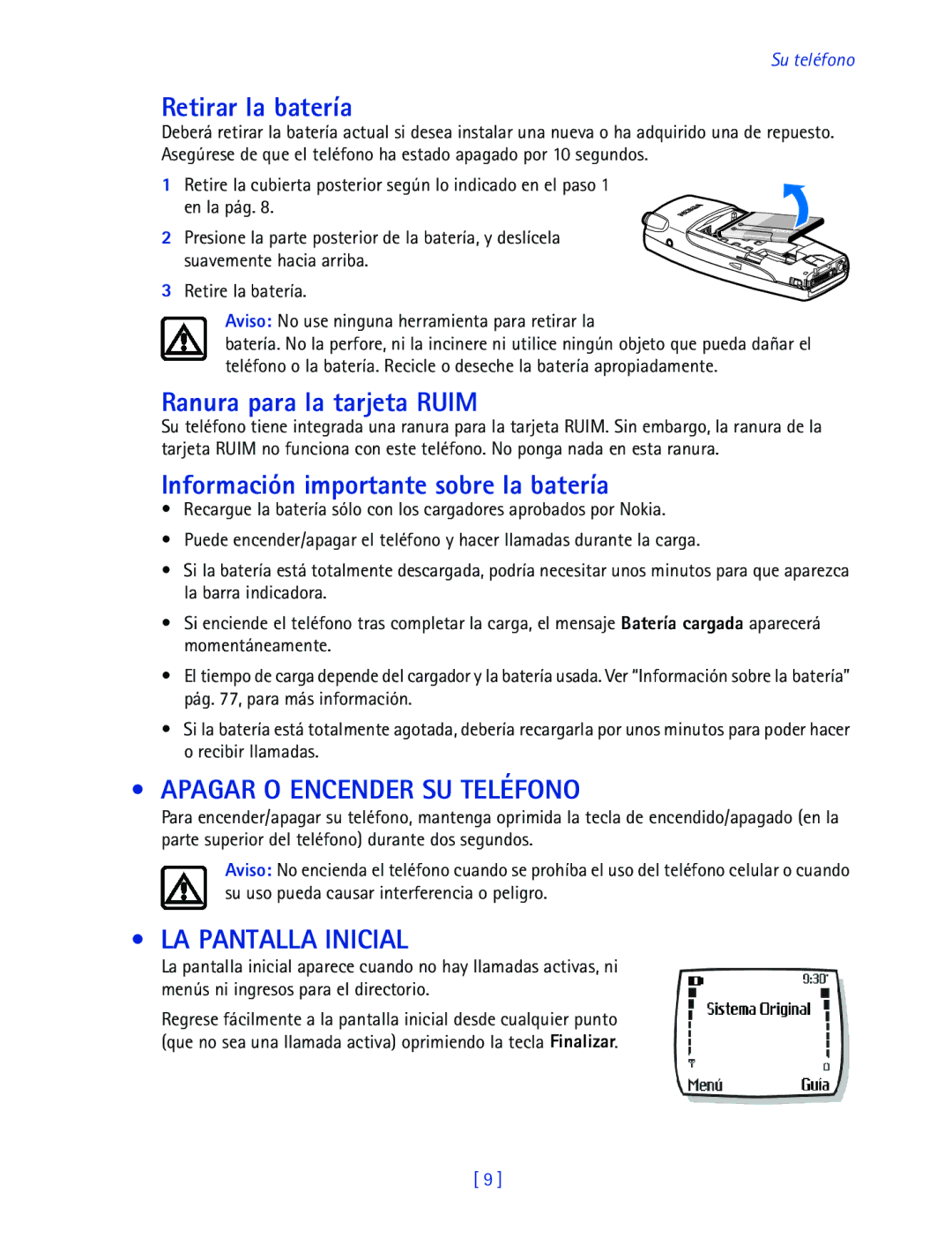 Nokia 2270 Retirar la batería, Ranura para la tarjeta Ruim, Información importante sobre la batería, LA Pantalla Inicial 