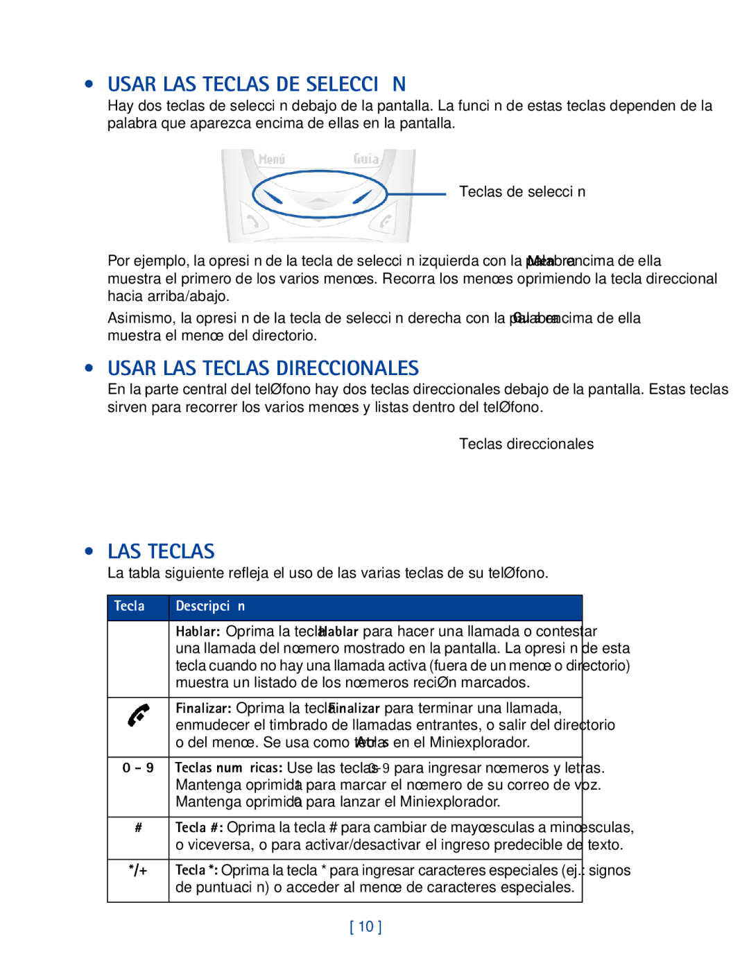 Nokia 2270 manual Usar LAS Teclas DE Selección, Usar LAS Teclas Direccionales, Tecla Descripción 