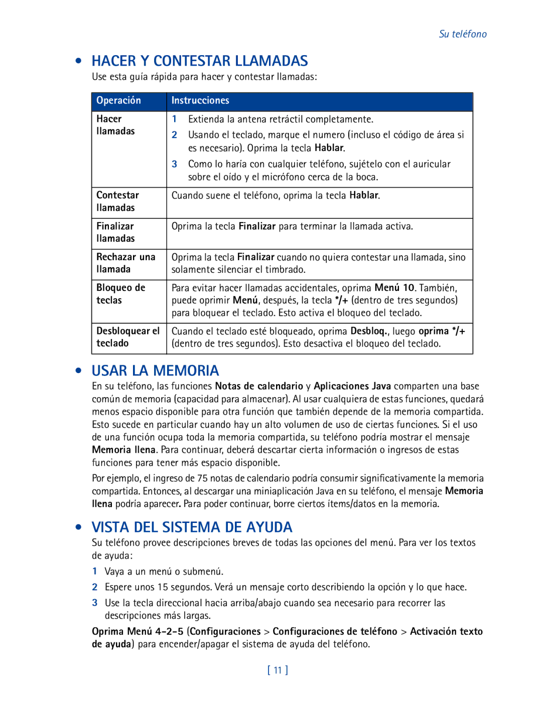 Nokia 2270 manual Hacer Y Contestar Llamadas, Usar LA Memoria, Vista DEL Sistema DE Ayuda, Operación Instrucciones 