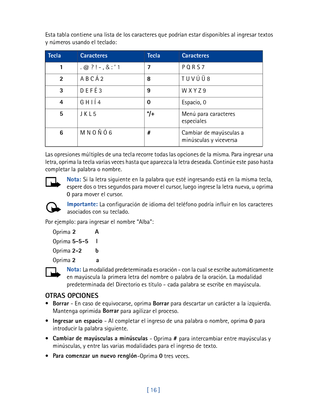 Nokia 2270 manual Otras Opciones, Tecla Caracteres, Para comenzar un nuevo renglón-Oprima0 tres veces 