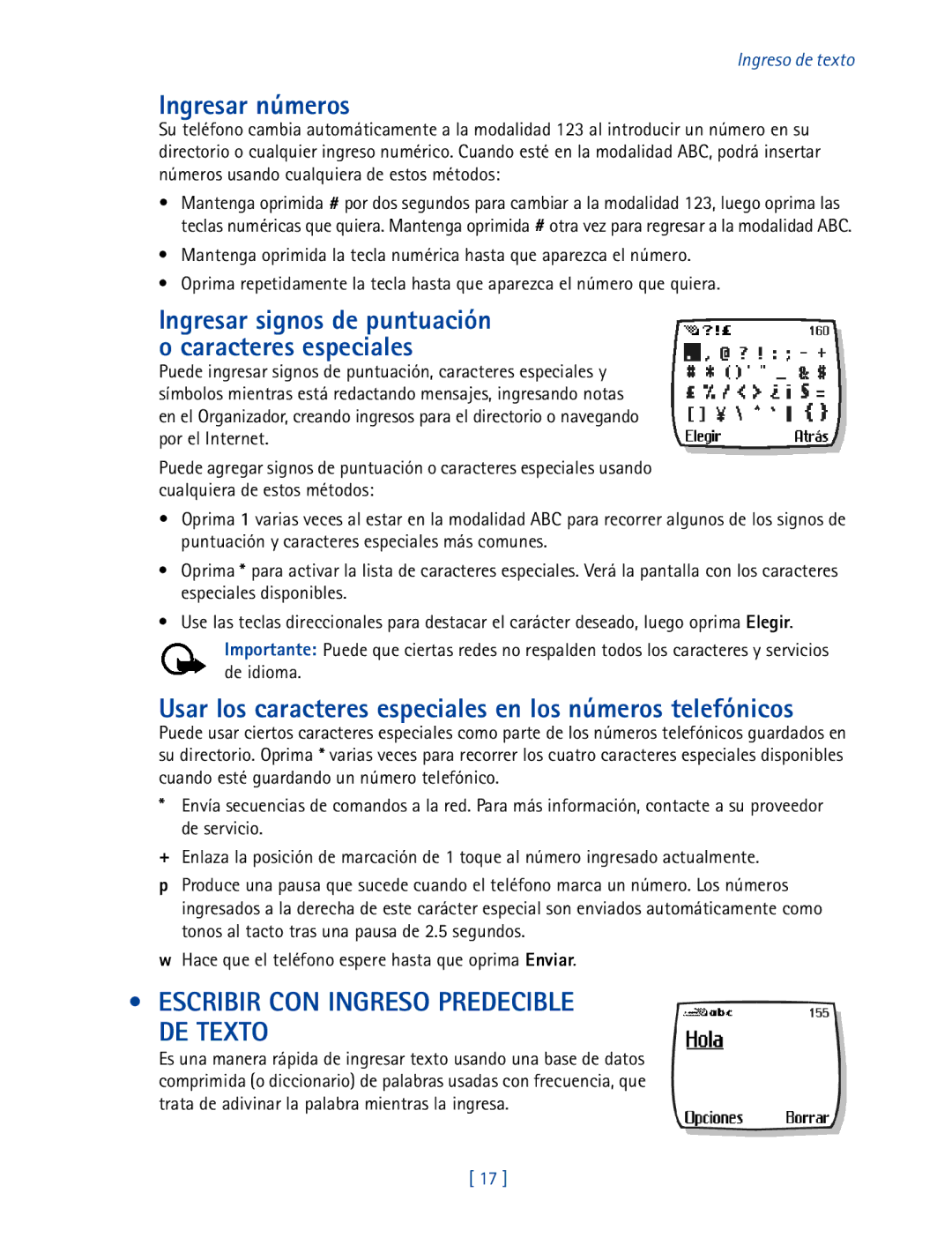 Nokia 2270 manual Ingresar números, Usar los caracteres especiales en los números telefónicos 