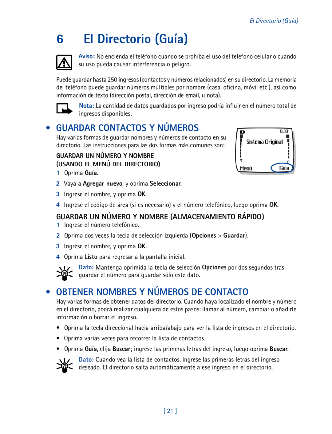 Nokia 2270 manual El Directorio Guía, Guardar Contactos Y Números, Obtener Nombres Y Números DE Contacto 