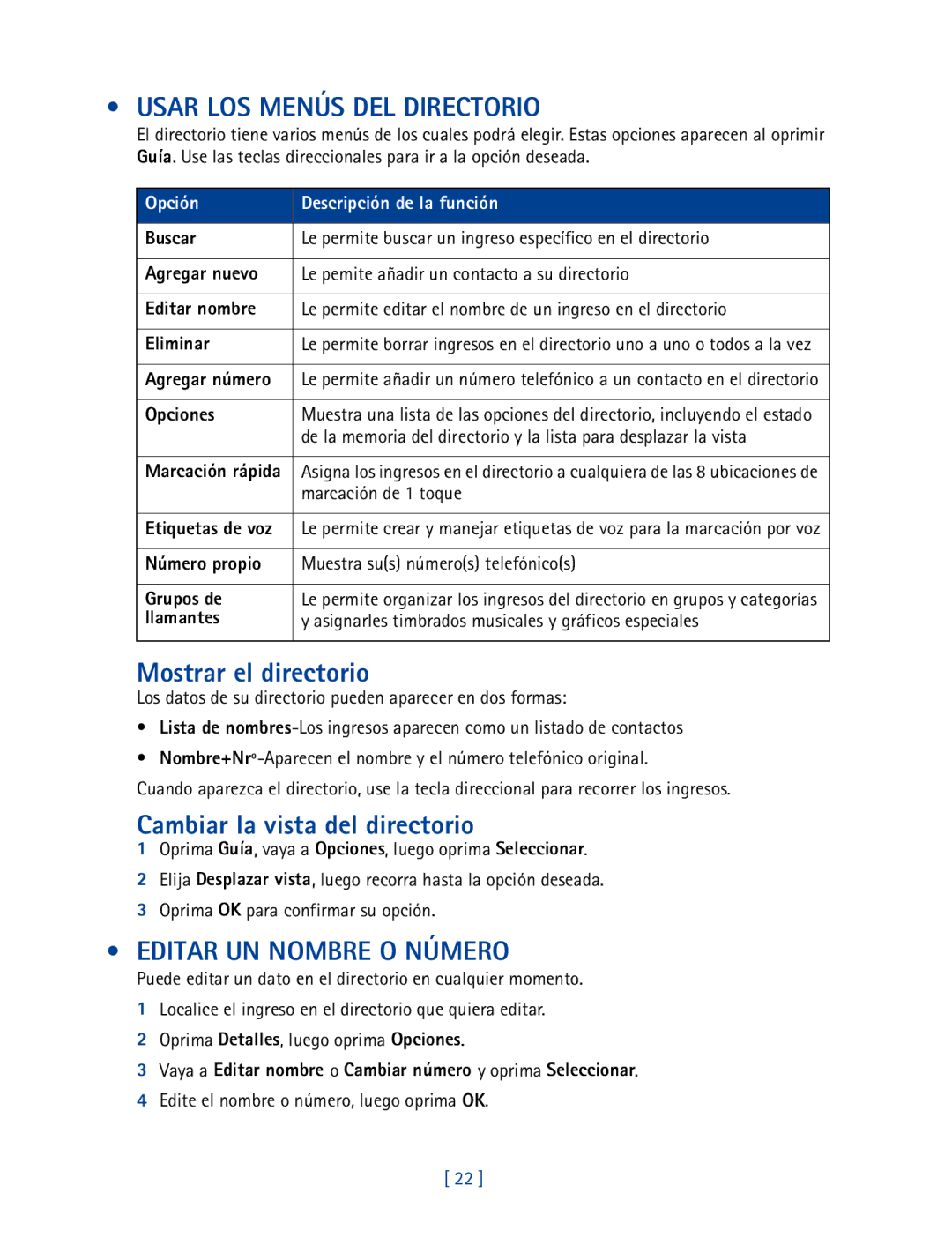 Nokia 2270 manual Usar LOS Menús DEL Directorio, Mostrar el directorio, Cambiar la vista del directorio 