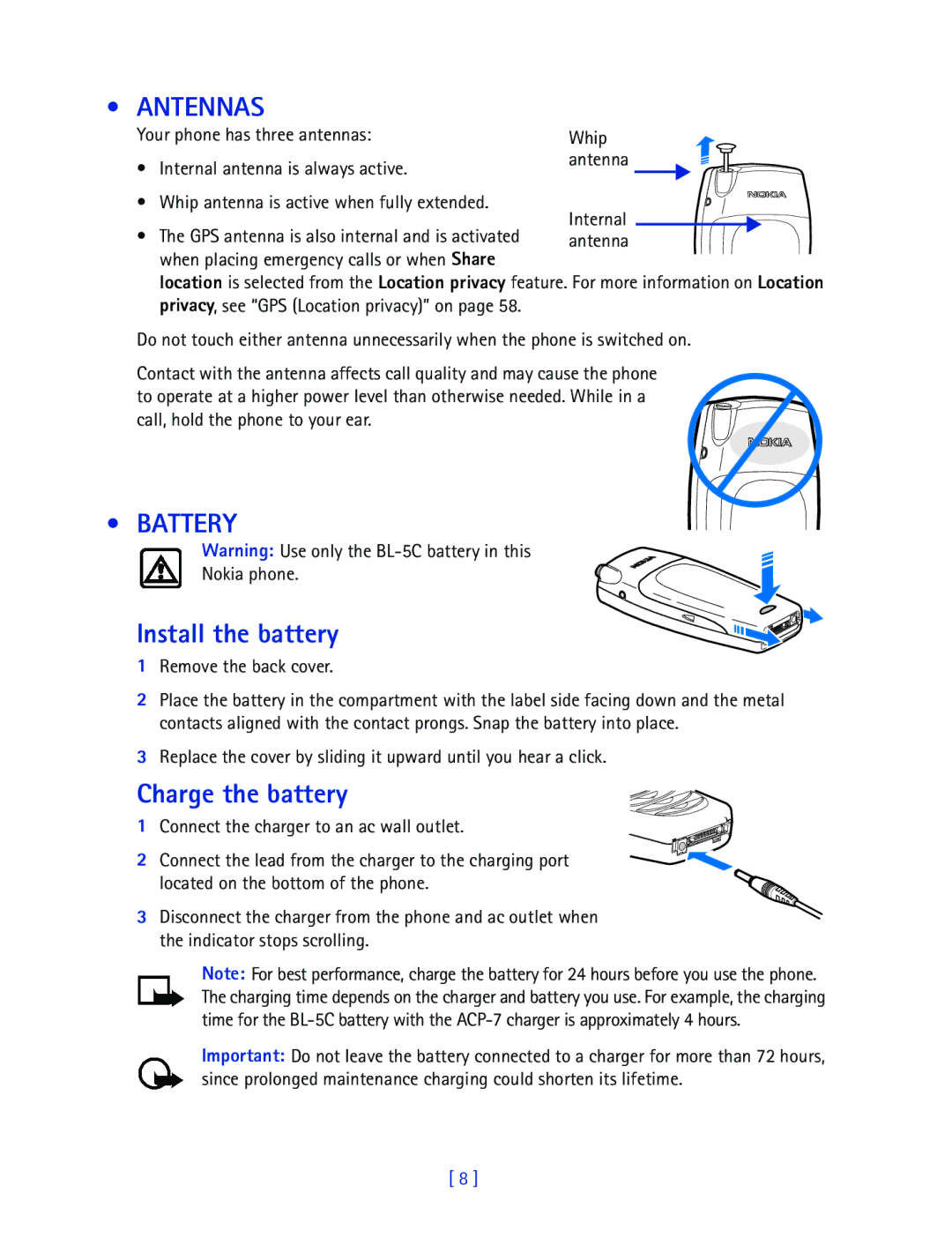 Nokia 2270 manual Antennas, Battery, Install the battery, Charge the battery 