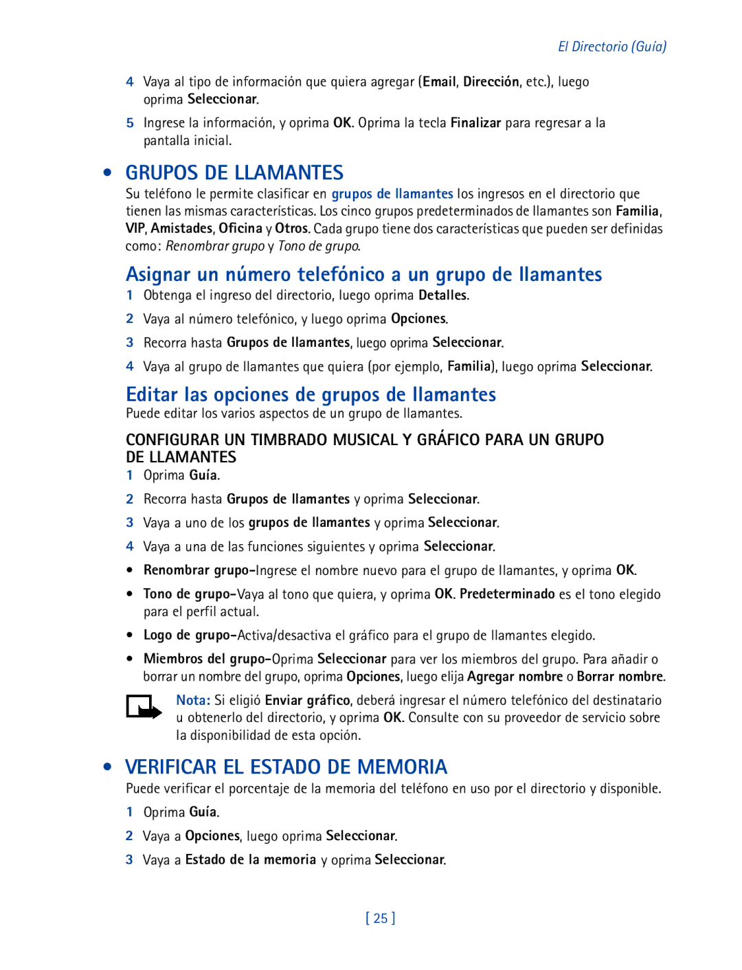 Nokia 2270 manual Grupos DE Llamantes, Asignar un número telefónico a un grupo de llamantes, Verificar EL Estado DE Memoria 